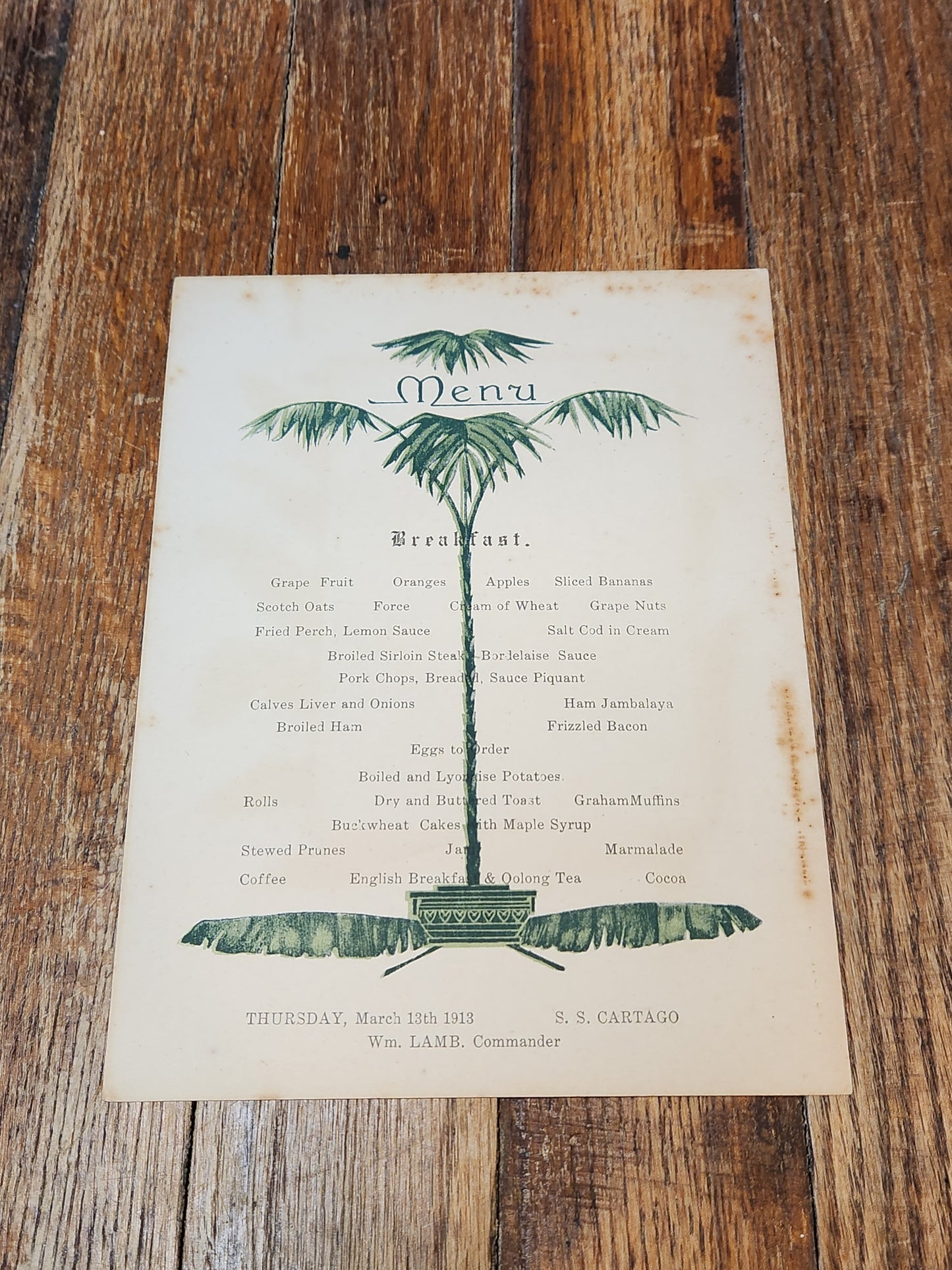 Steamship Cartago March 13th 1913 United Fruit Company Menu