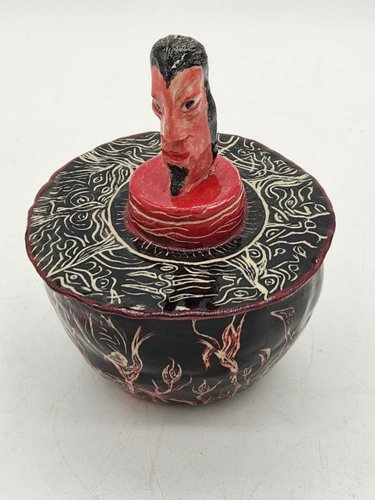 Handcrafted Sgraffito Devil Bowl With Lid