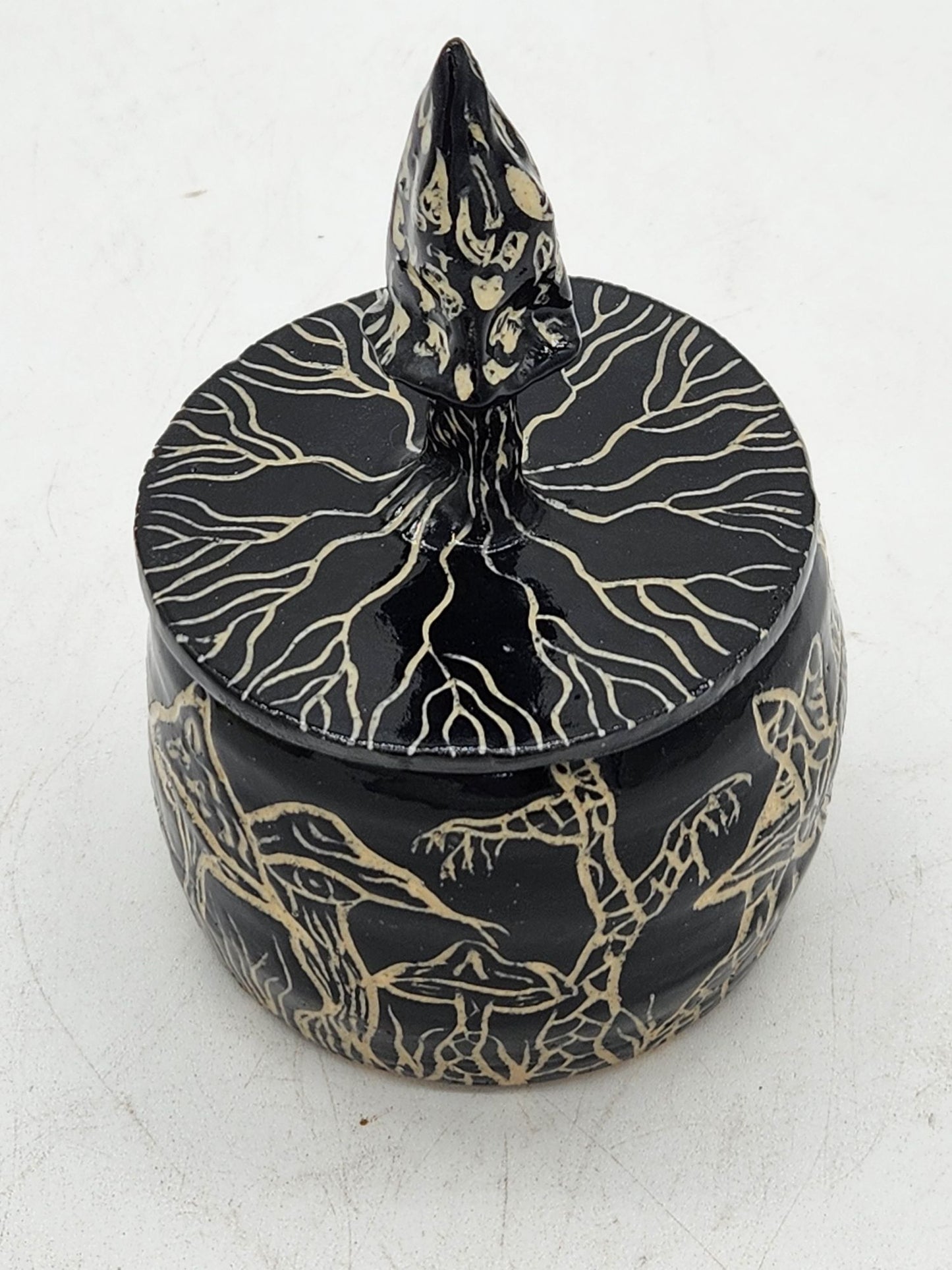Handcrafted Sgraffito Mushroom Bowl With Lid