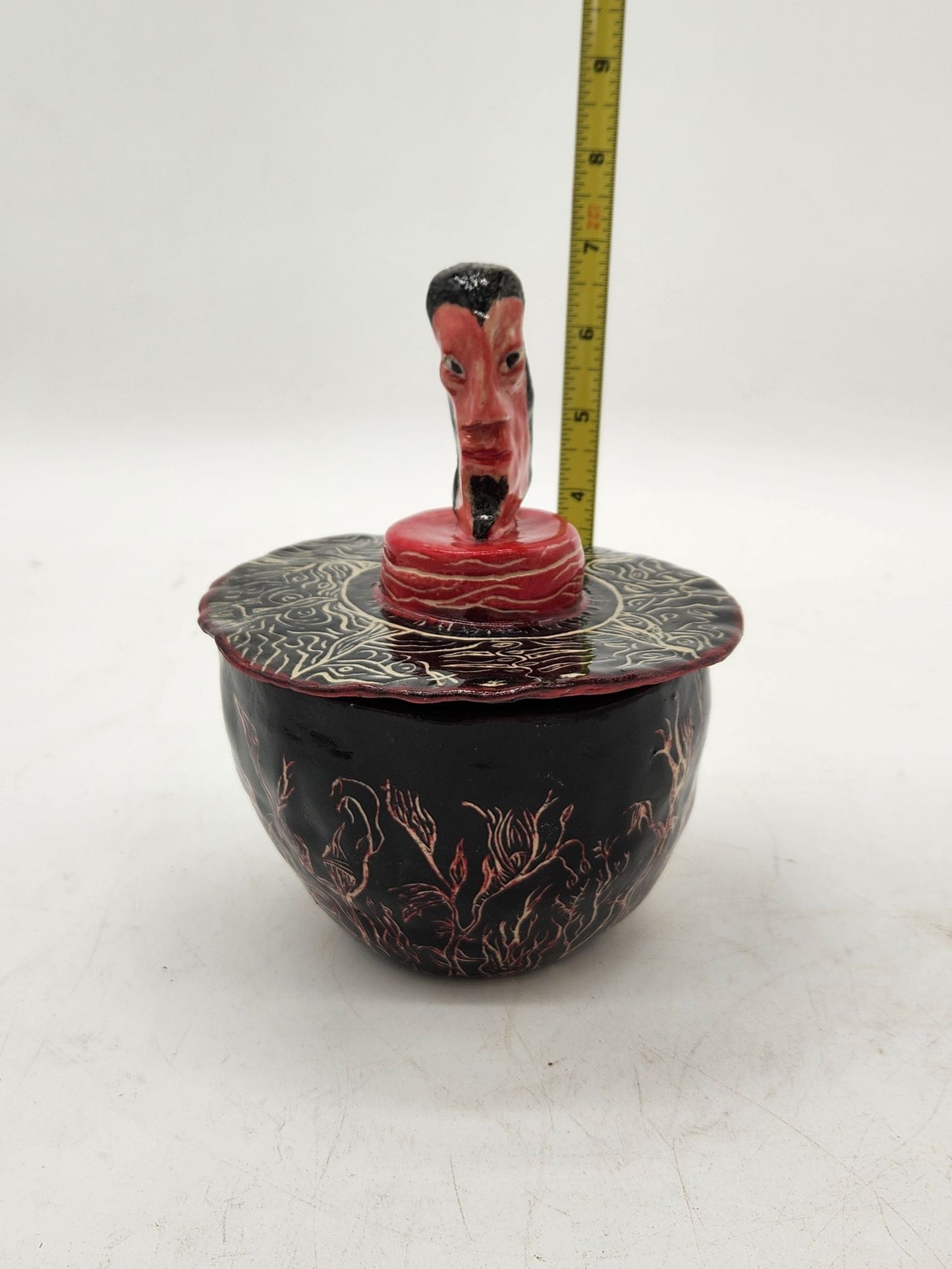 Handcrafted Sgraffito Devil Bowl With Lid