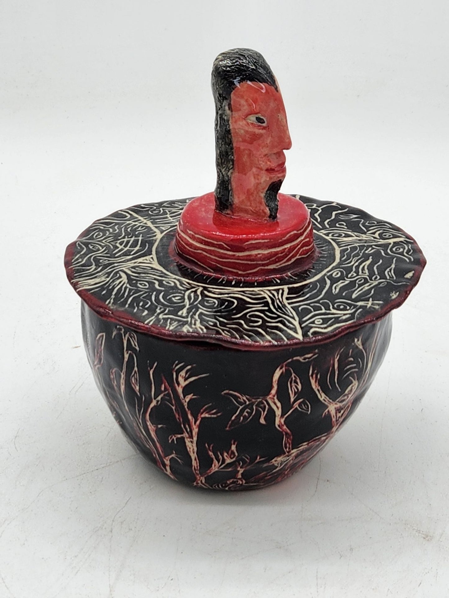 Handcrafted Sgraffito Devil Bowl With Lid