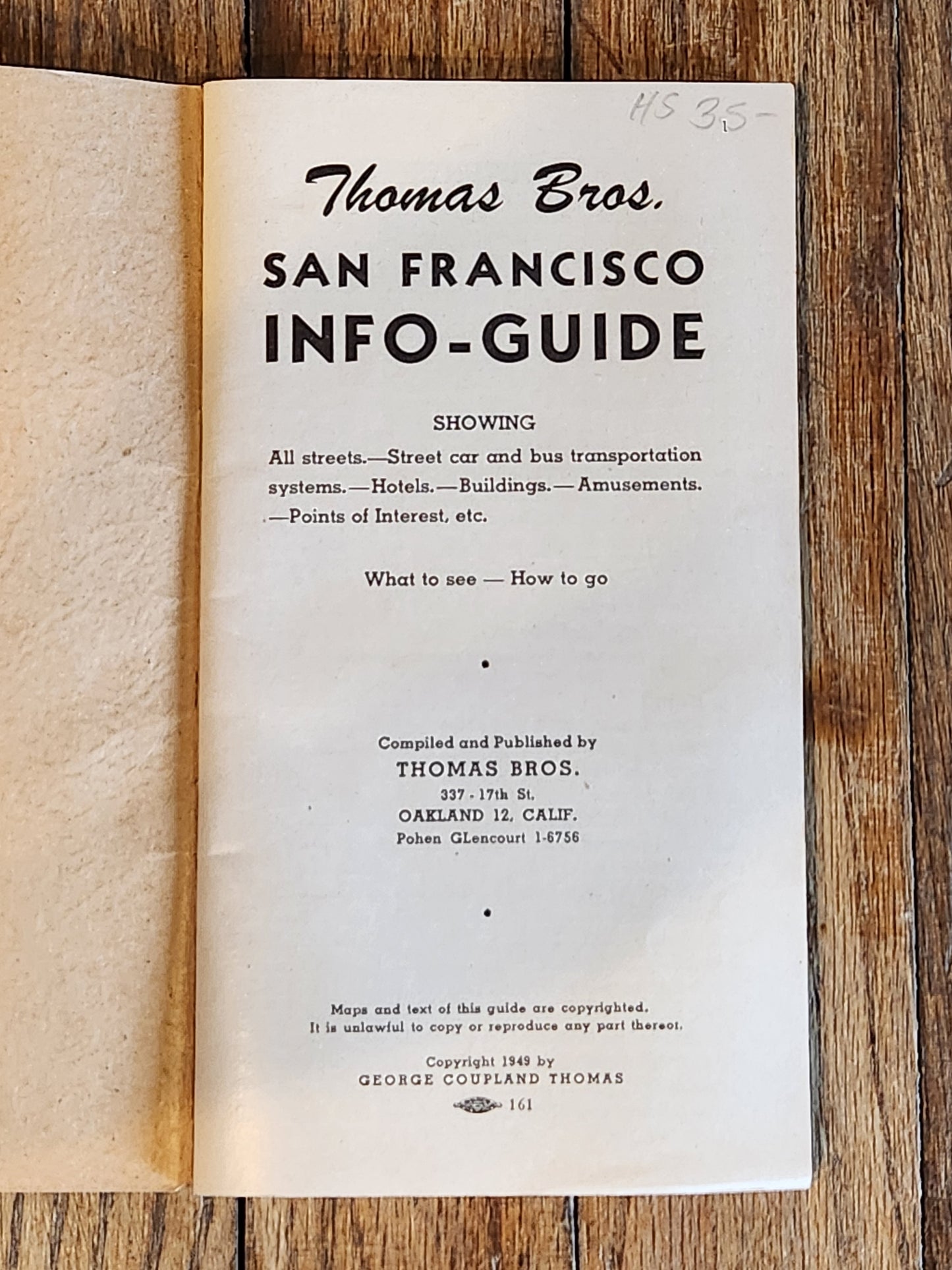 1949 Thomas Bros. San Francisco Info-Guide w/ Fold-Out Color Map Travel Guidebook VTG