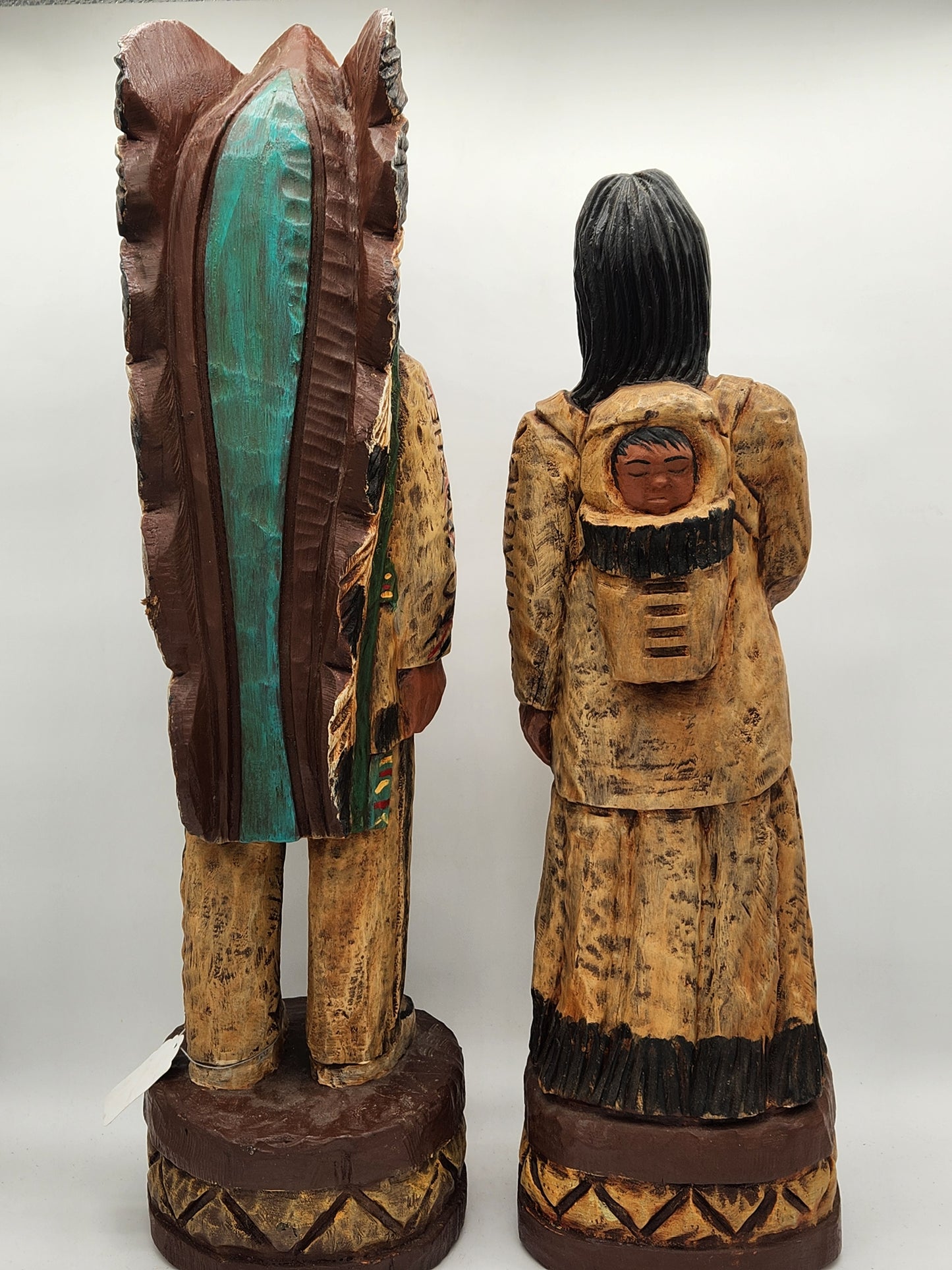 Vintage John Gallagher Signed Wood Carved Native American Chief & Woman Statues Folk Art