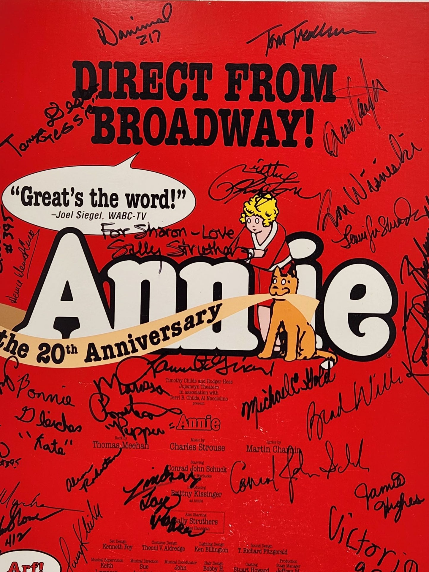 Annie Musical Window Card Signed by Sally Stuthers and the Rest of the Cast