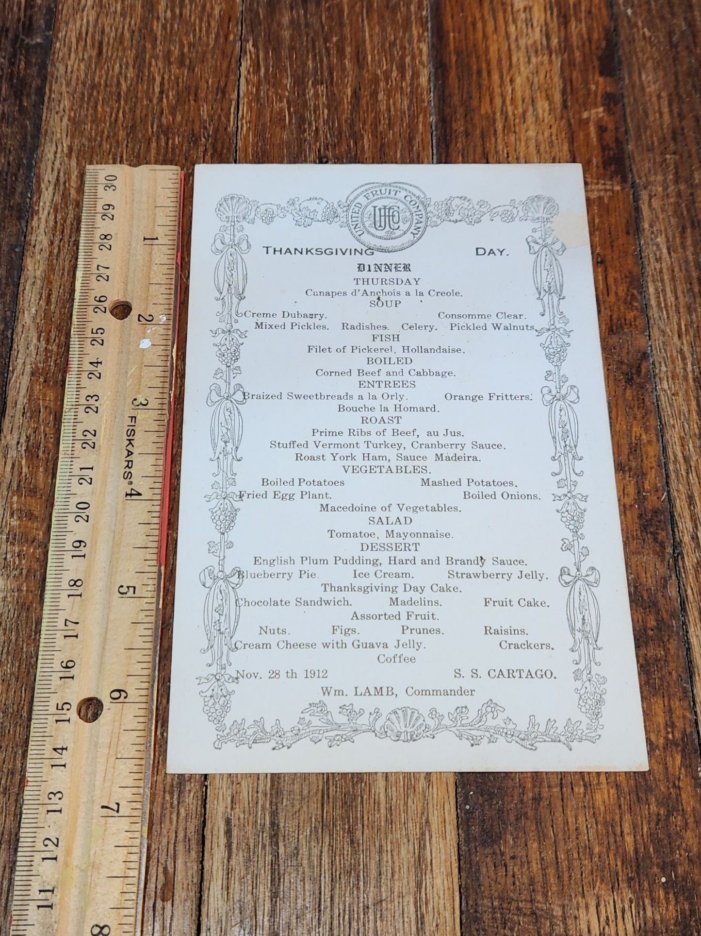 Thanksgiving Day Dinner Menu 1912 United Fruit Company