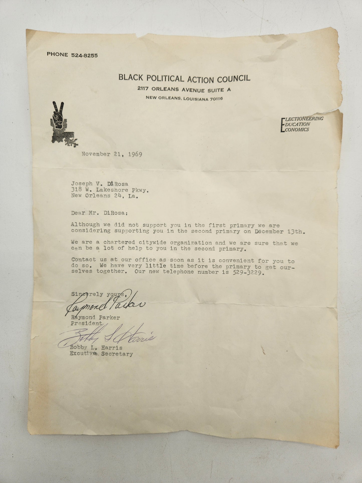 1969 Black Political Action Council Letter to Joseph DiRosa New Orleans Civil Rights