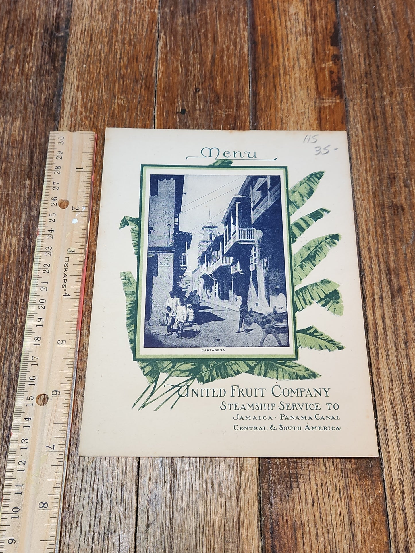 Steamship Cartago Jan. 25th 1913 United Fruit Company Menu