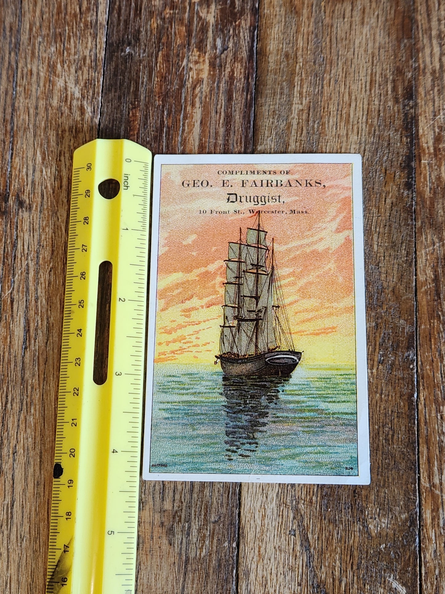 Victorian Trade Card Geo E Fairbanks Druggist Ship Worcester MA c1880s
