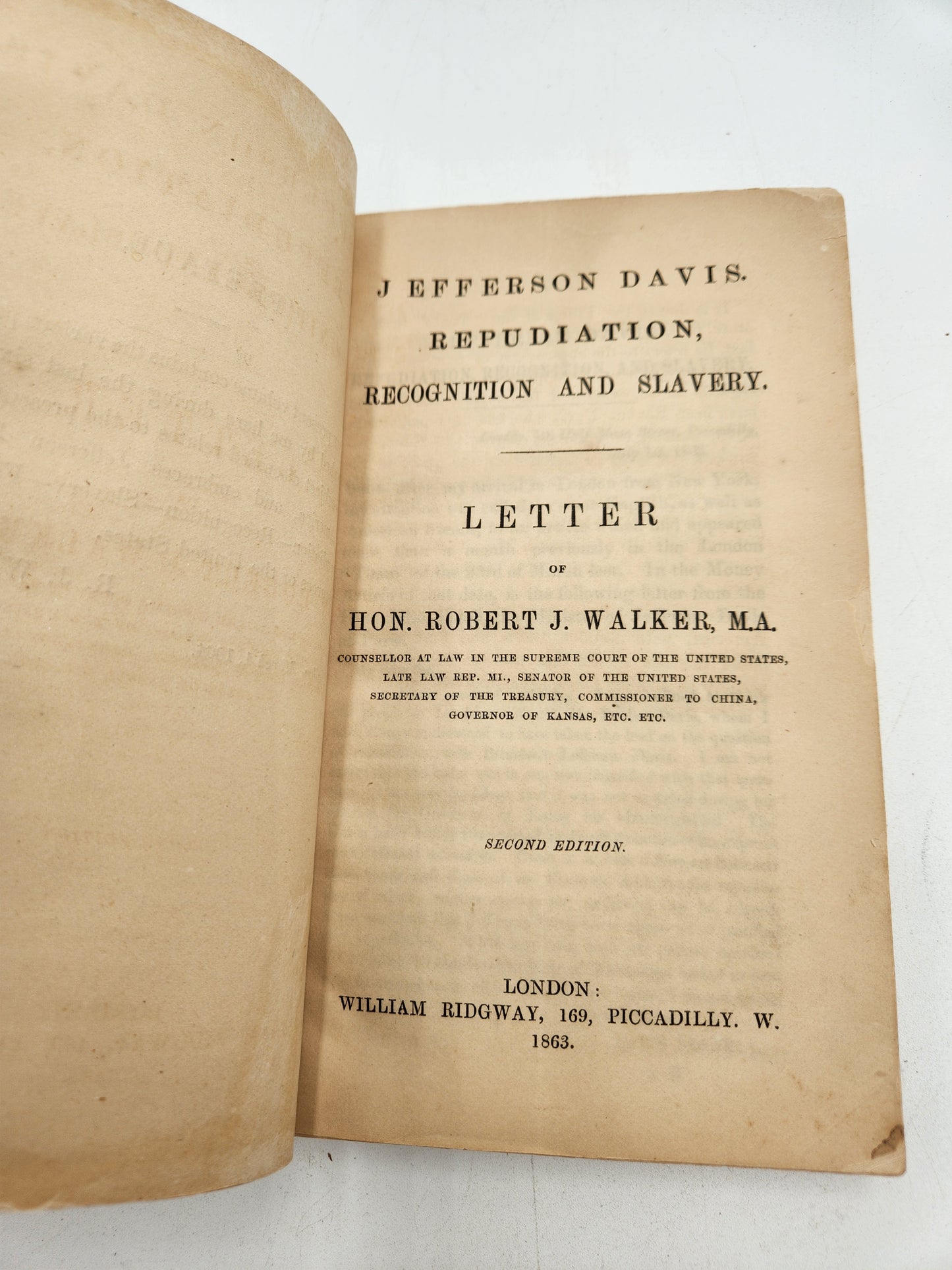 American Slavery and Repudiation Inscribed by Author R.J. Walker 1864