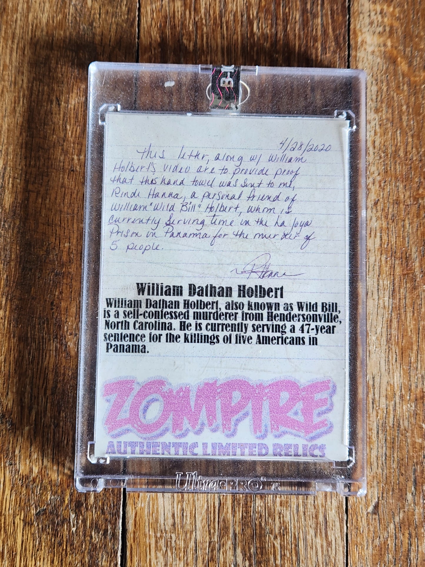 "Wild Bill" Holbert, Prison Relic, Hand Towel Swatch, 18/25 Zompire