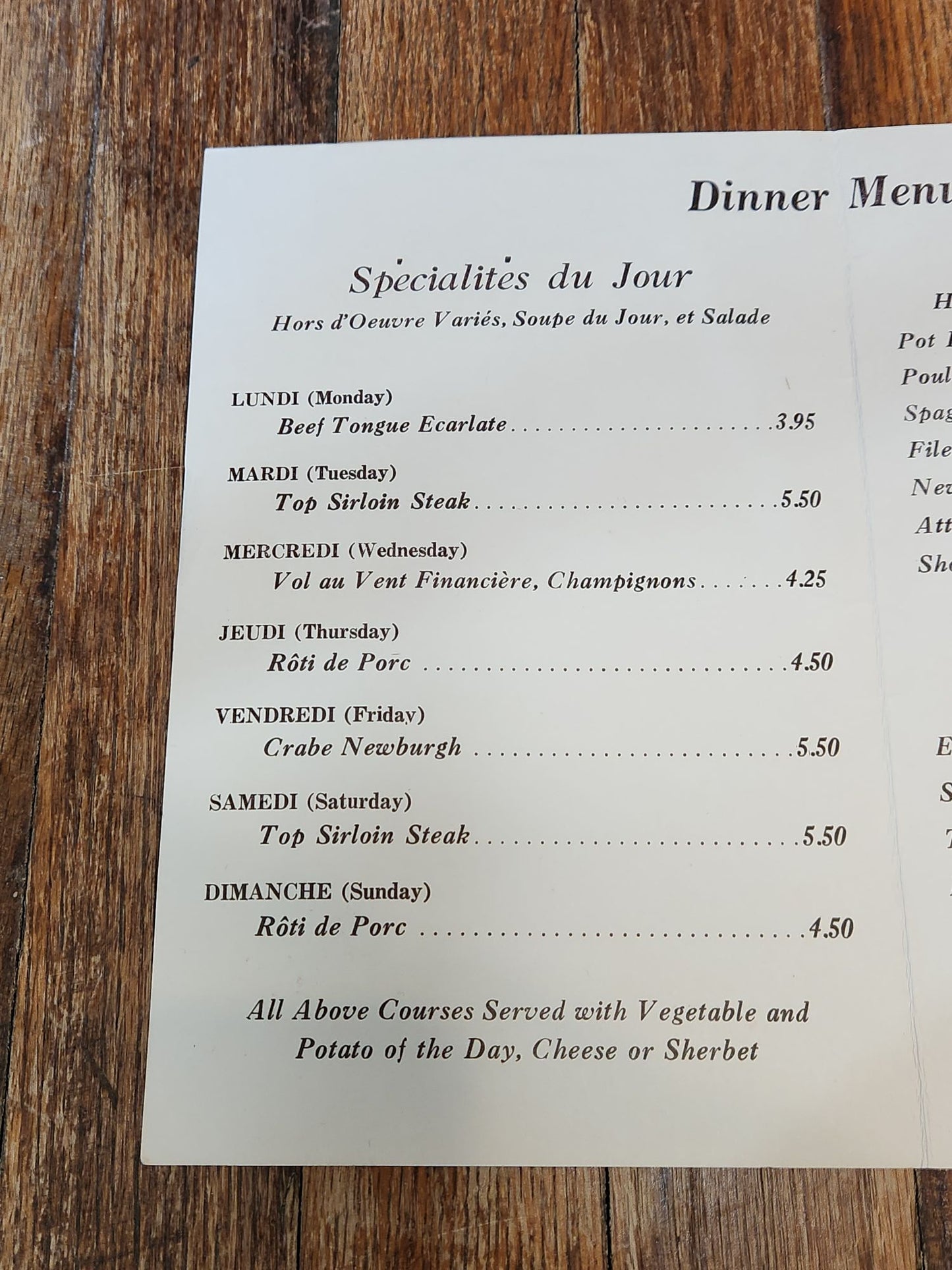 Les Freres Taix Dinner Menu