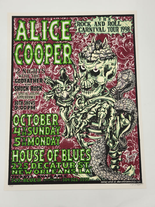Rare Alice Cooper Poster Signed and Numbered by Artist Allen Jaeger, House Of Blues New Orleans