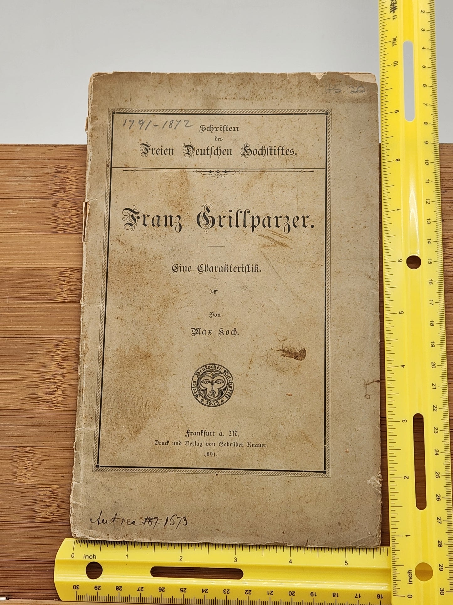 First Edition of "Franz Grillparzer. Eine Charakteristik" by Max Koch, Published in 1891