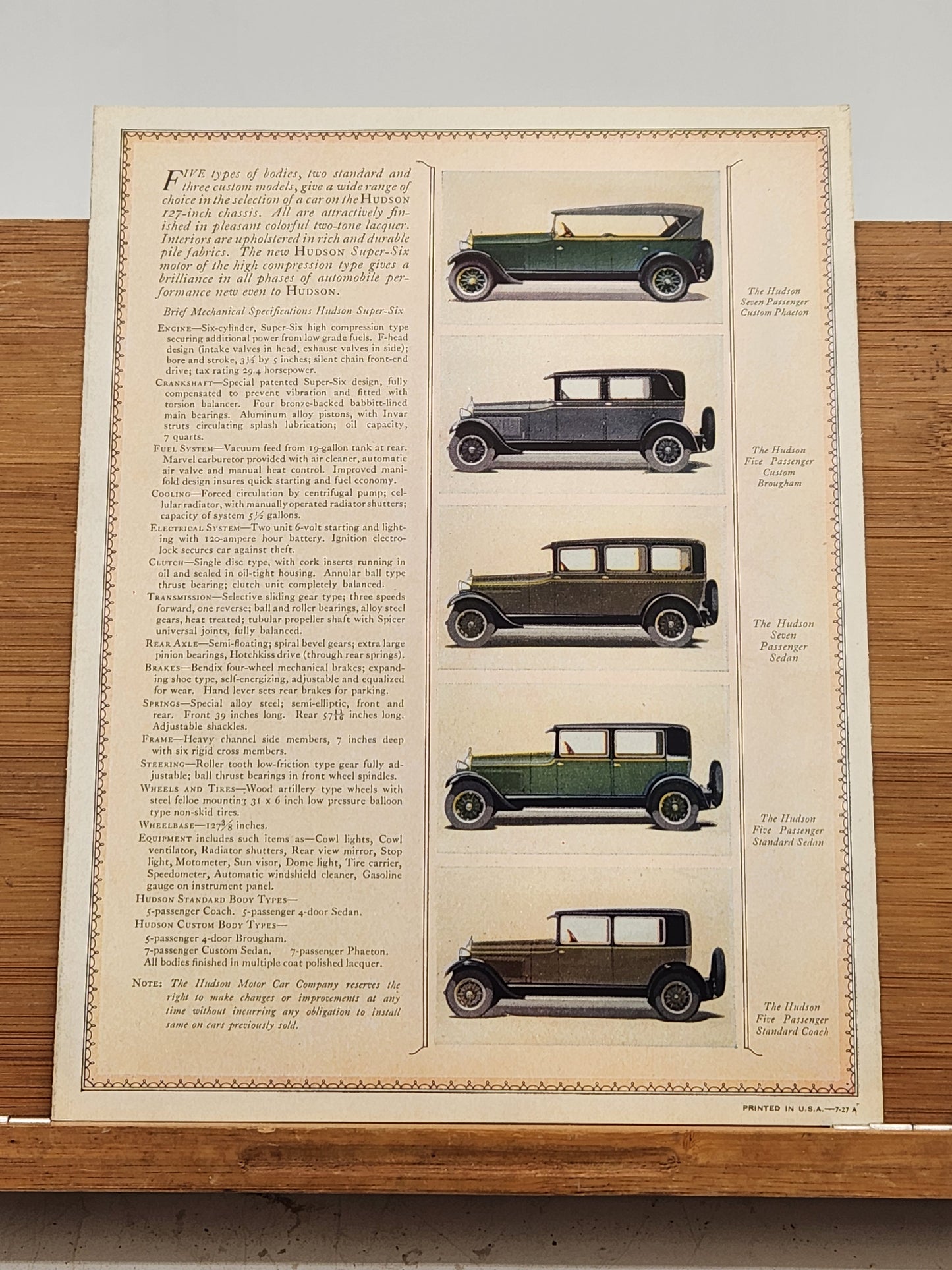 Brochure for the Hudson Super Six Custom Built Models