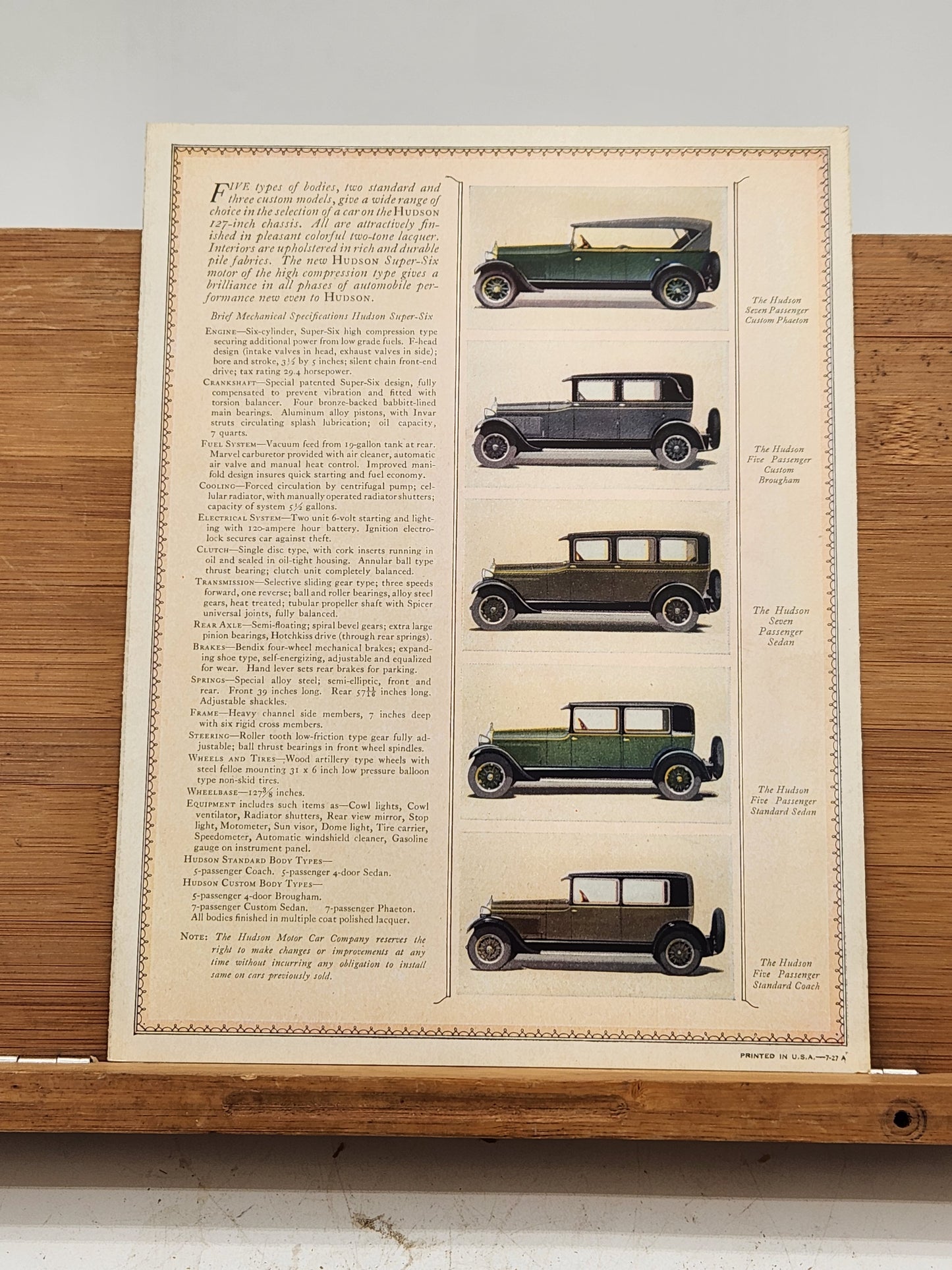 Brochure for the Hudson Super Six Custom Built Models