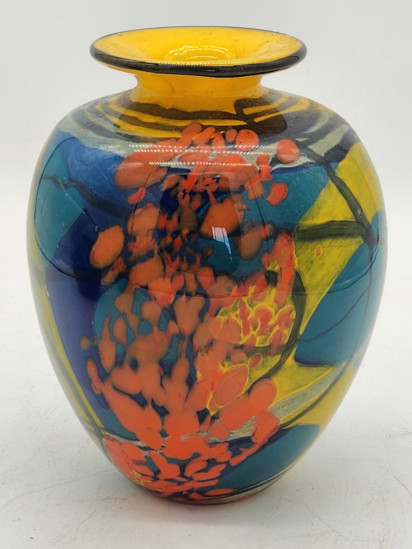 Ioan Nemtoi Signed Studio Art Glass Vase 8" Red Multicolor Abstract Romanian Blown Glass