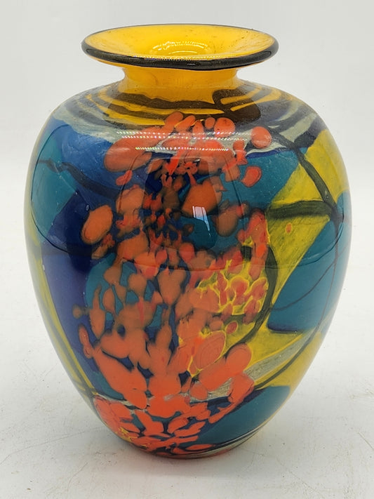Ioan Nemtoi Signed Studio Art Glass Vase 8" Red Multicolor Abstract Romanian Blown Glass