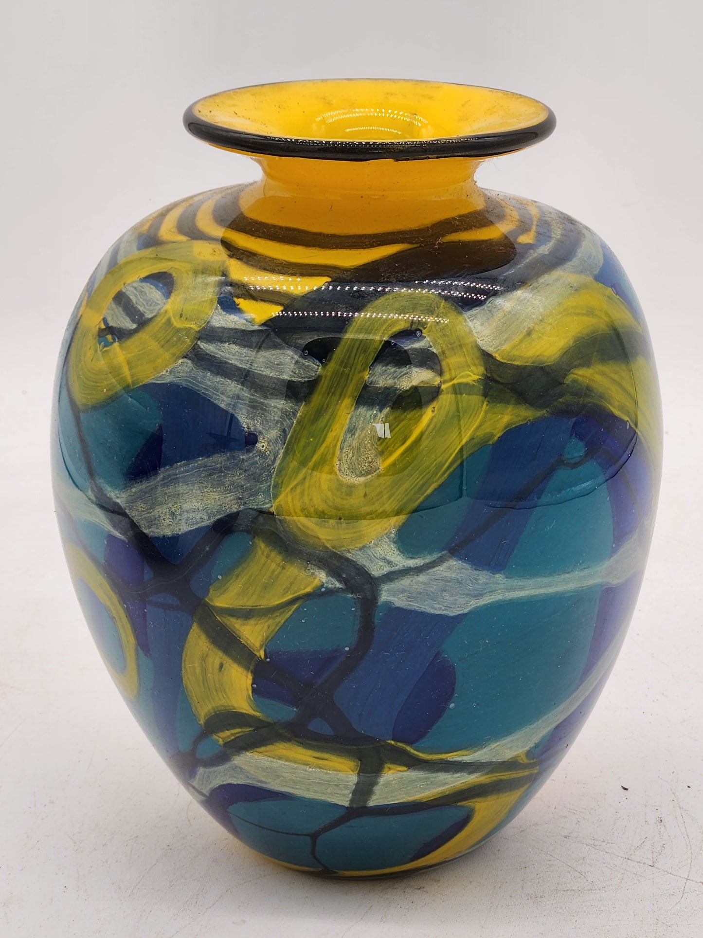 Ioan Nemtoi Signed Studio Art Glass Vase 8" Red Multicolor Abstract Romanian Blown Glass