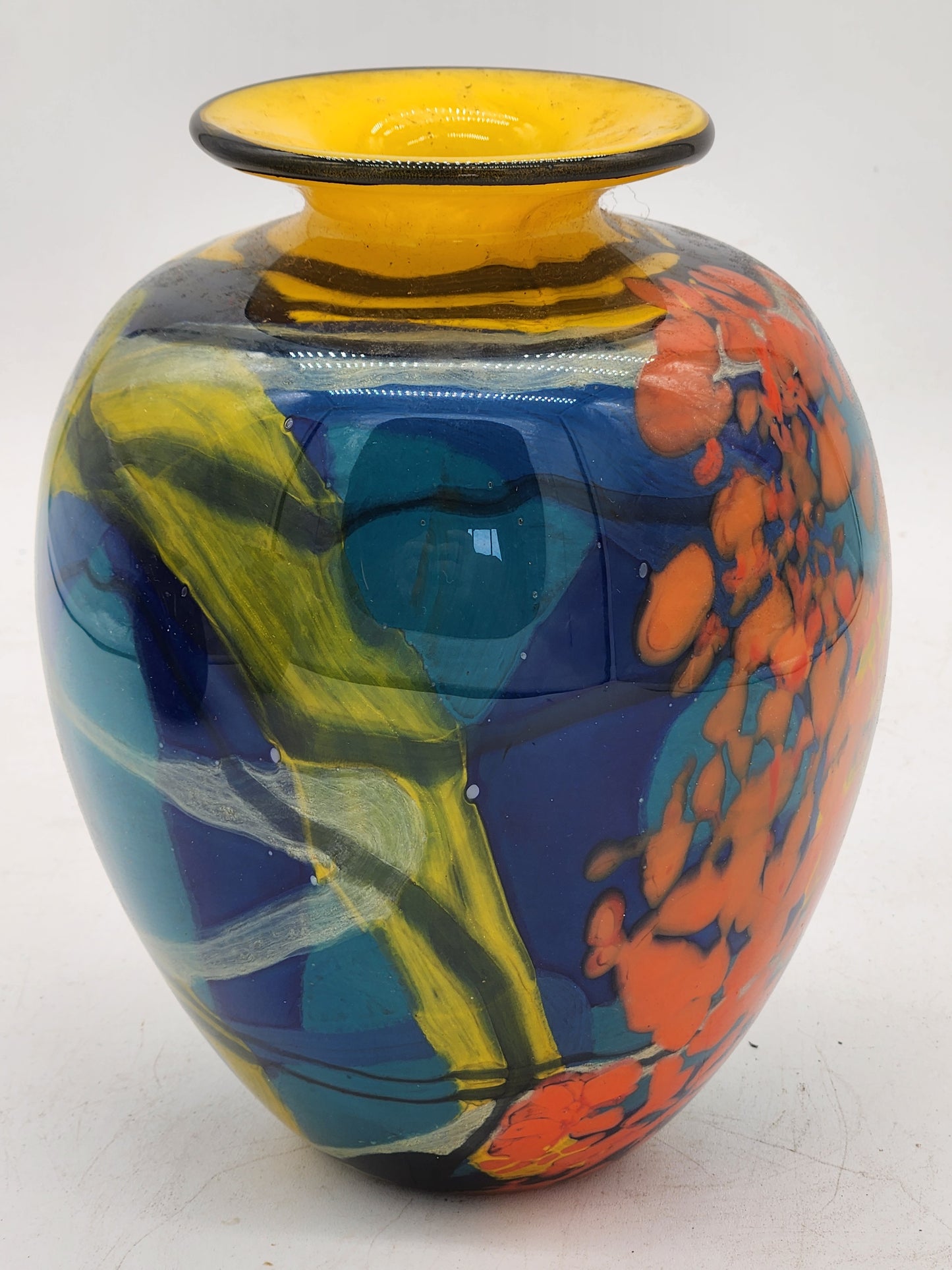 Ioan Nemtoi Signed Studio Art Glass Vase 8" Red Multicolor Abstract Romanian Blown Glass
