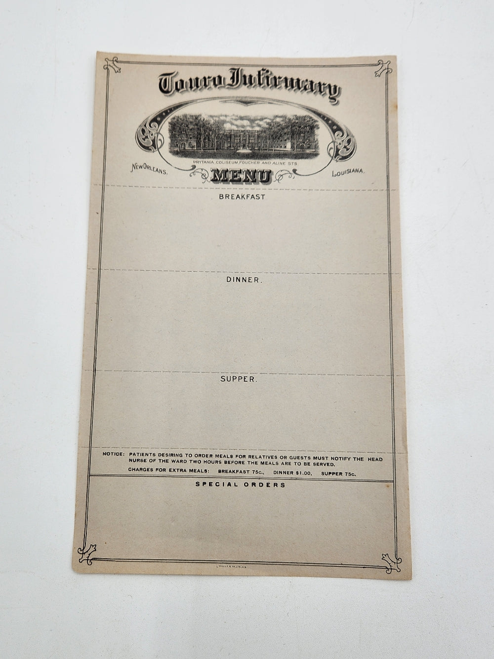 Touro Infirmary New Orleans Menu Order Sheets for Patients (Beige) c. 1910