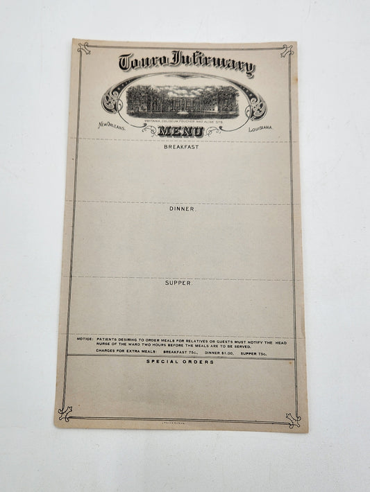 Touro Infirmary New Orleans Menu Order Sheets for Patients (Beige) c. 1910