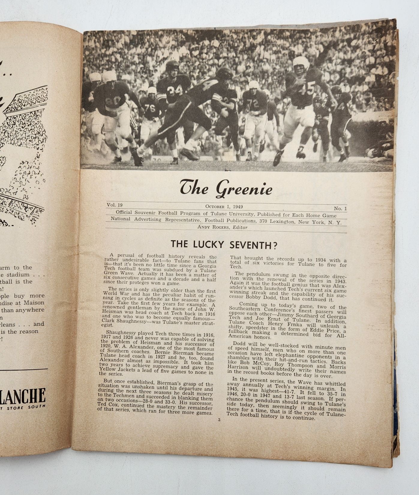 Tulane Vs. Georgia Tech  October 1, 1949 Program