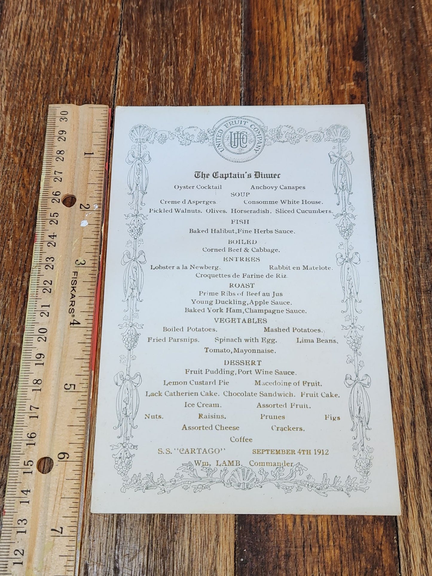 Sept. 4th 1912 United Fruit Company, The Captain's Dinner Menu