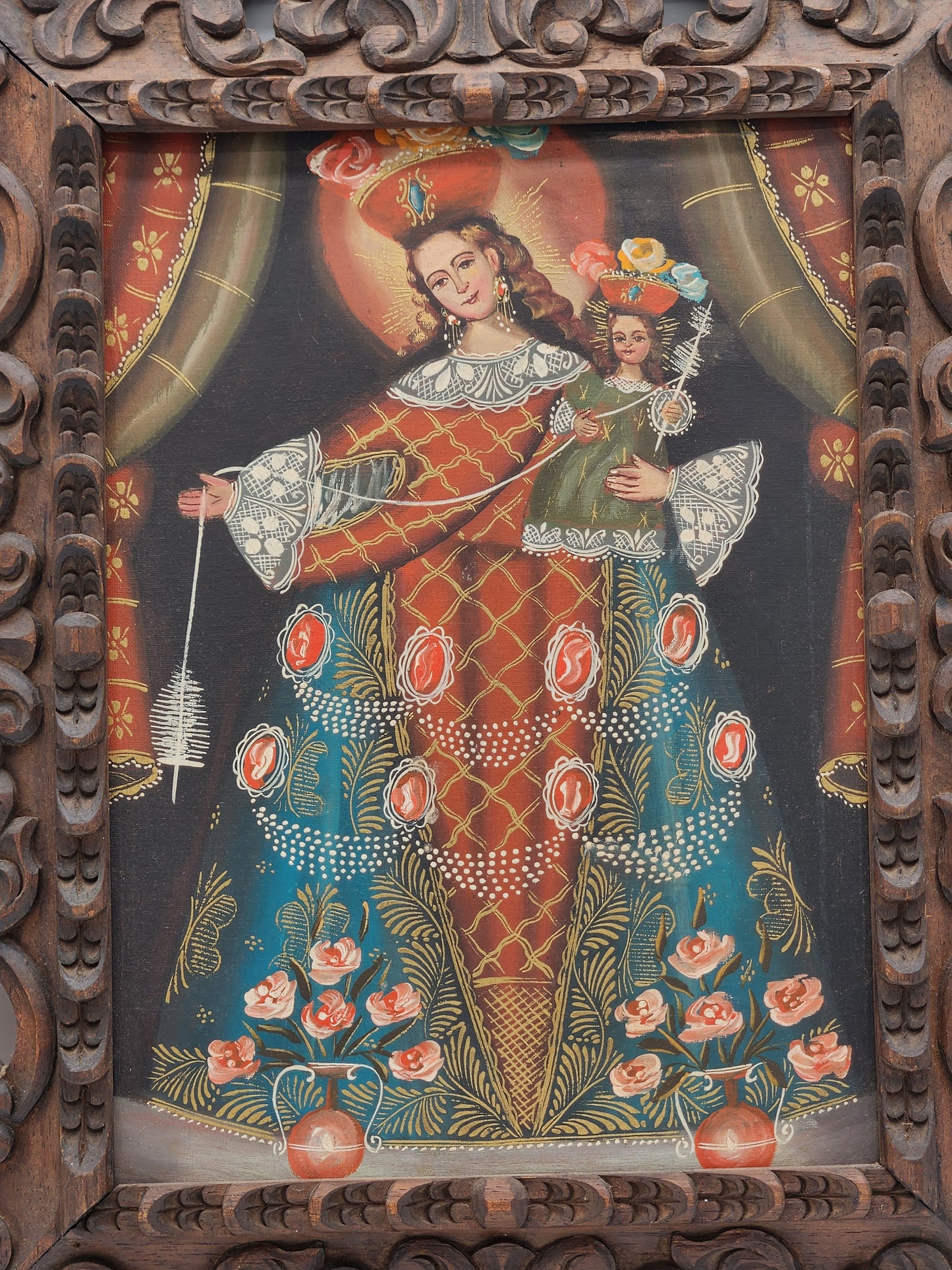 Antique Cuzco School Oil Painting Virgin Mary & Child Spinning Spindle With Ornate Frame