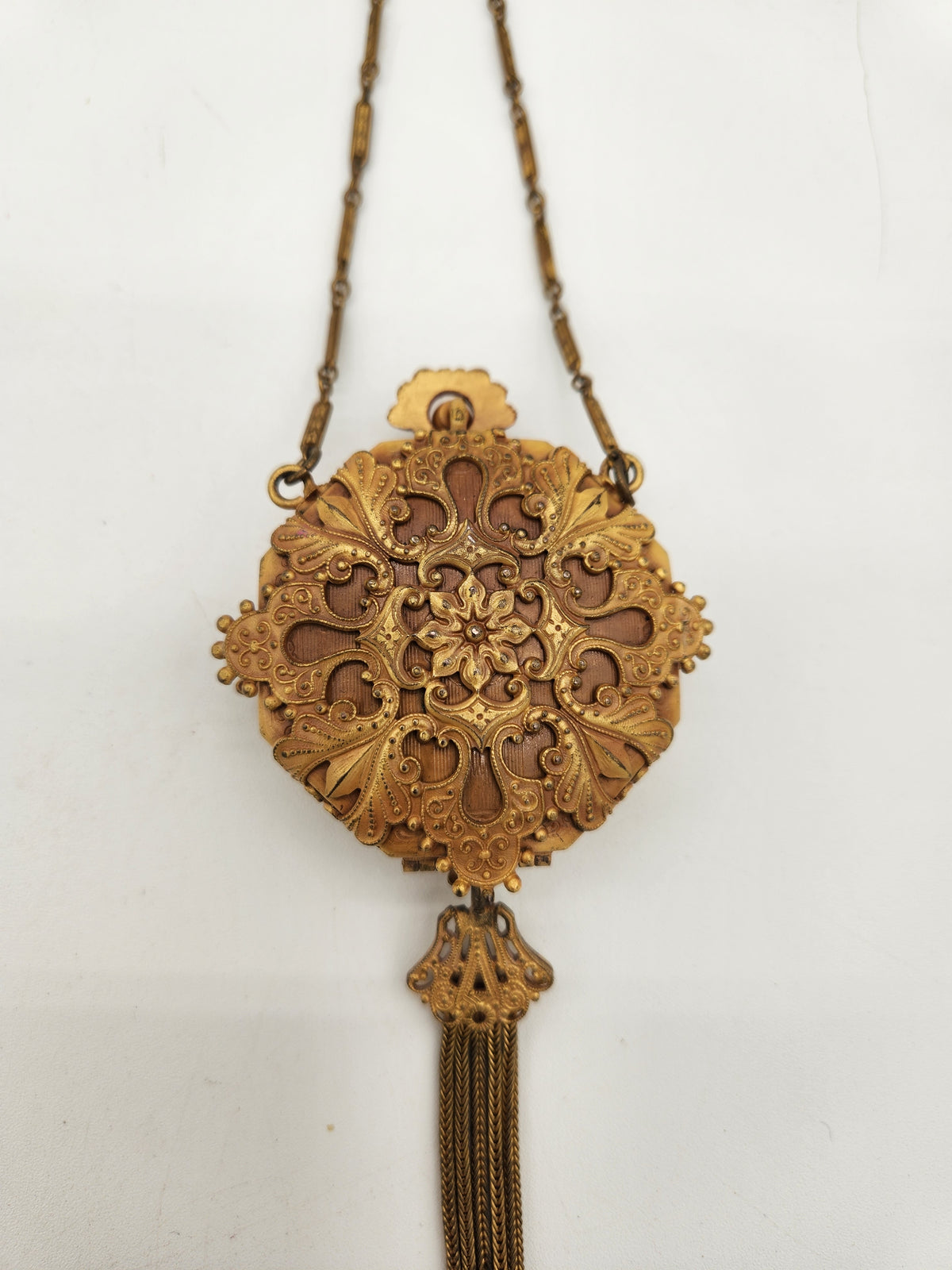 Antique 1920s Art Deco Dance Compact Wristlet Tassel Jeweled Peacock Locket Rouge