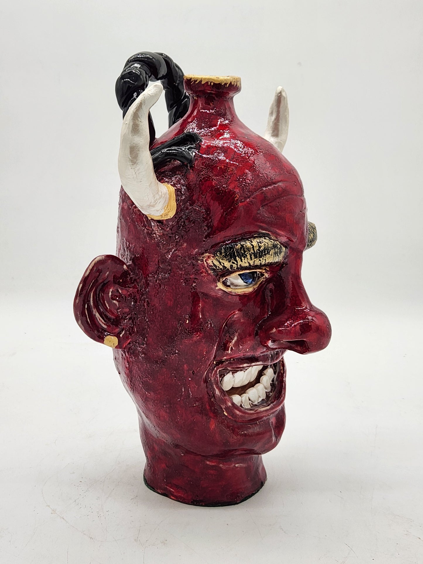 One-of-a-Kind Devil Face Jug Ceramic Sculpture Folk Art Pottery Red Glazed - Horns - Southern Style