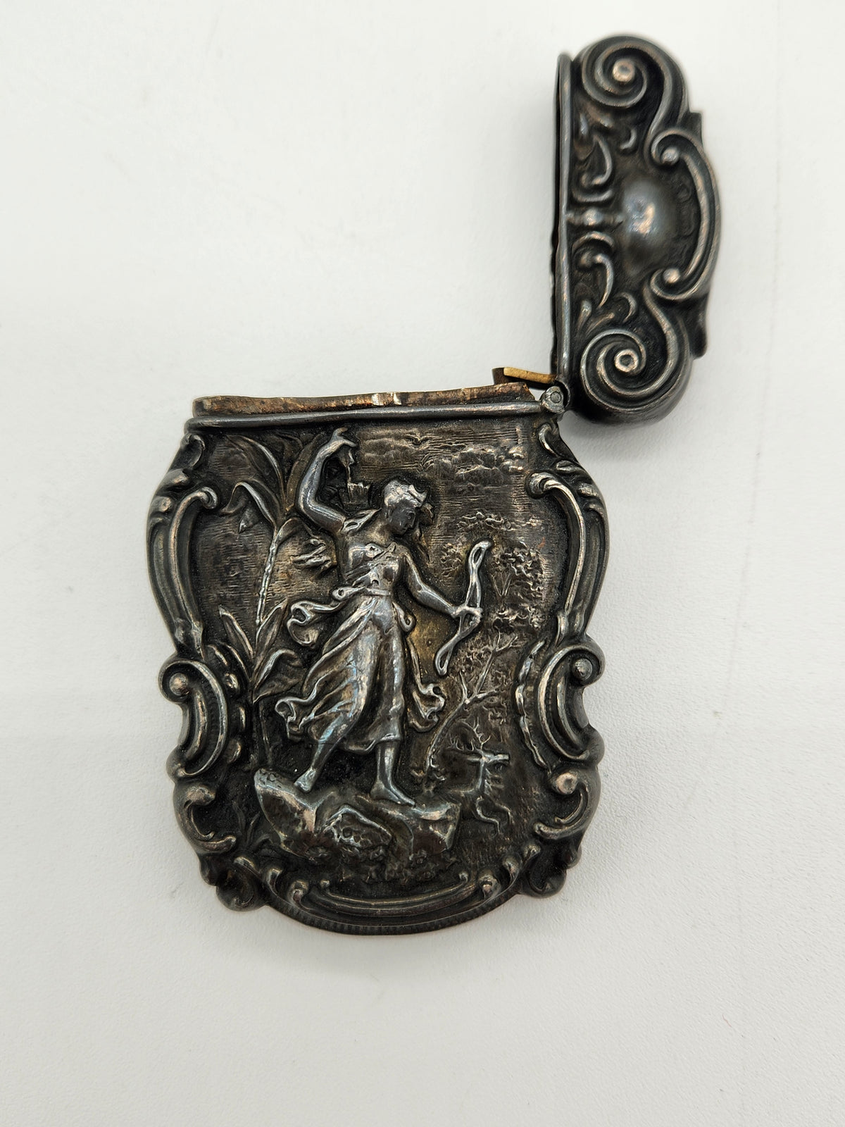 Antique Victorian Sterling Silver Match Safe Vesta Case Diana the Huntress Repousse