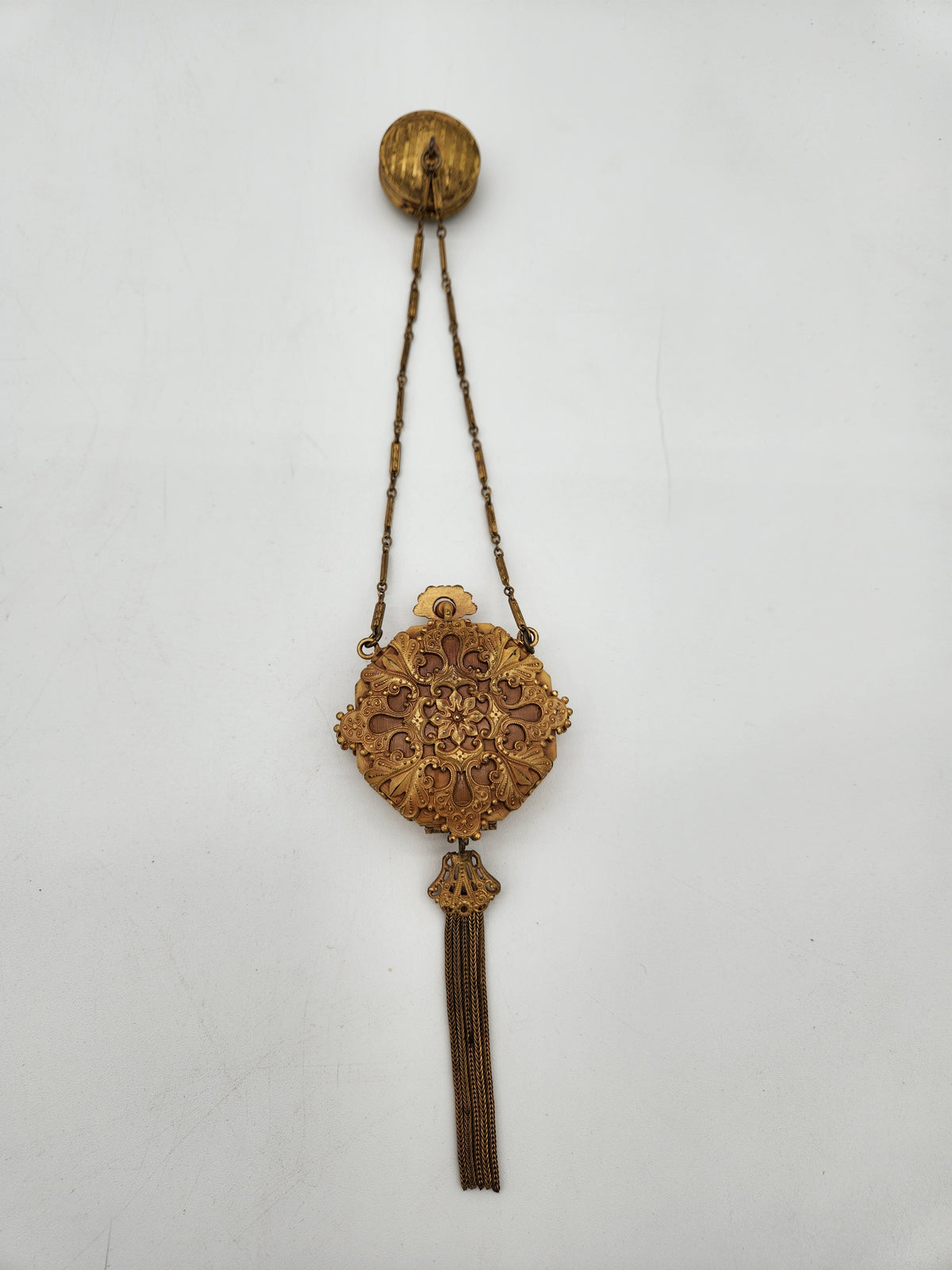Antique 1920s Art Deco Dance Compact Wristlet Tassel Jeweled Peacock Locket Rouge
