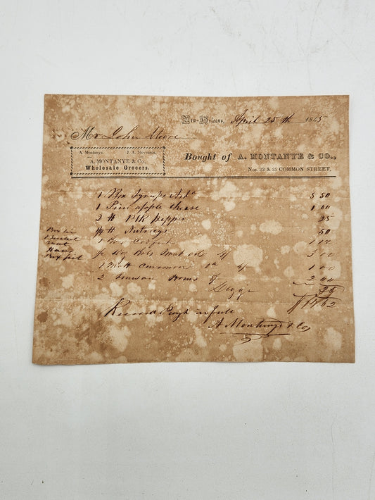 A. Montanye & Co. Wholesale Grocers receipt from April 25th 1845