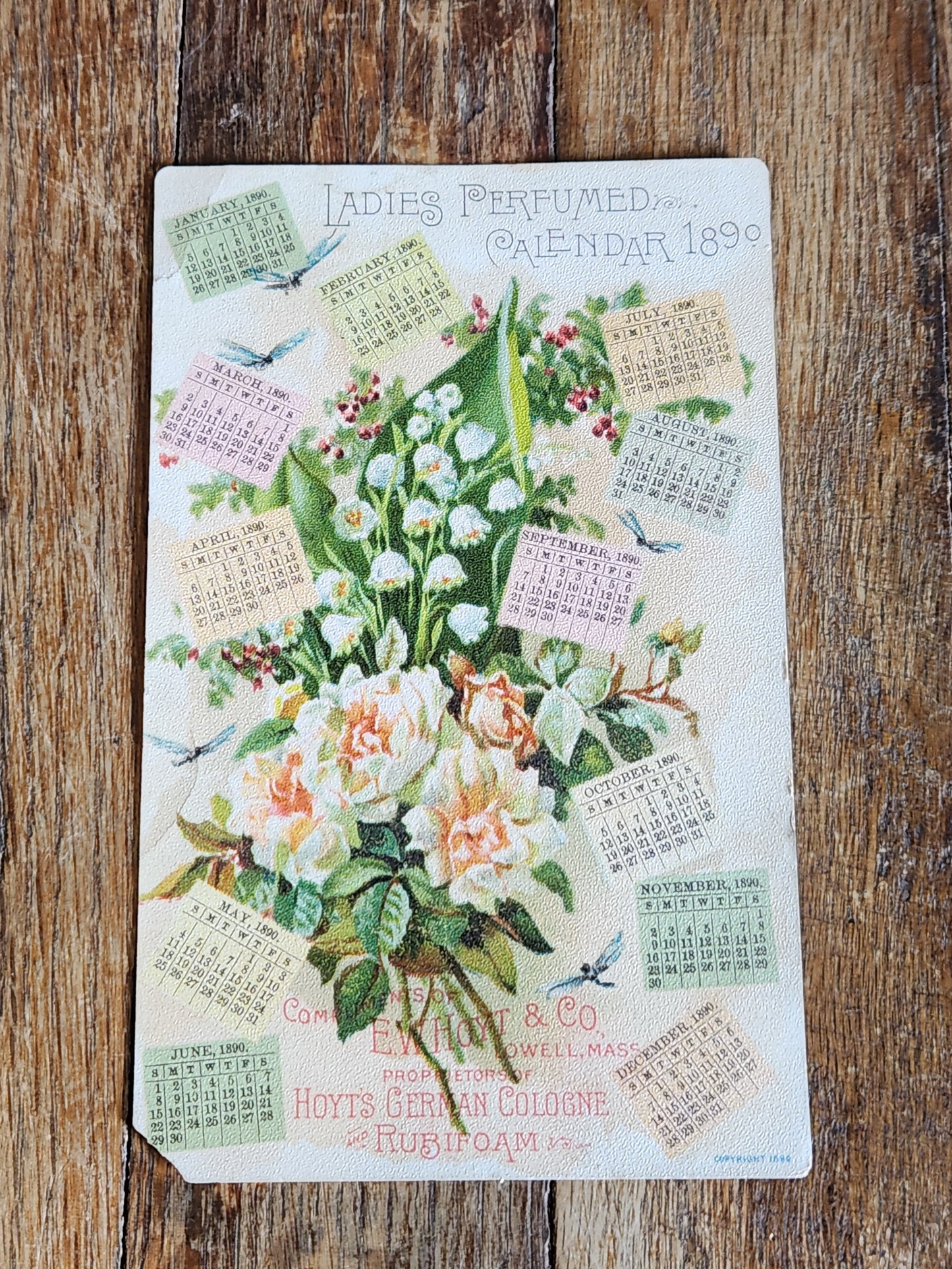 1890 Ladies Perfumed Calendar Hoyt’s German Cologne Trade Card Victorian