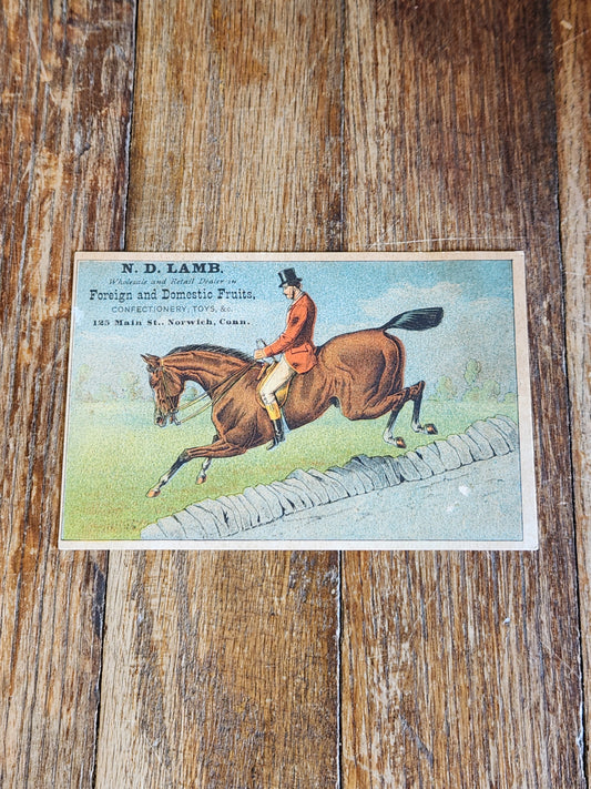 Victorian Trade Card N.D. Lamb Norwich CT Fox Hunting Horse Lithograph 1880s