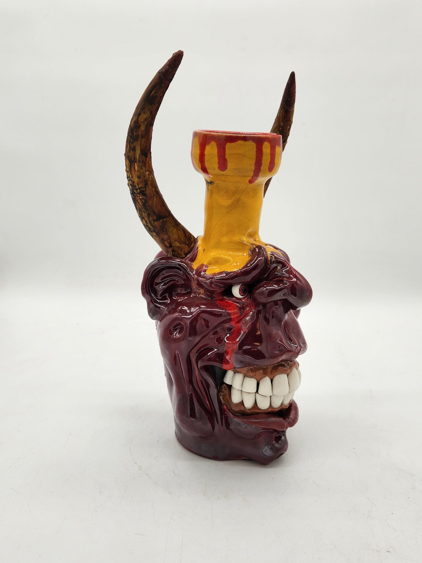 One-of-a-Kind Horned Demon Sculpture – Studio Art Pottery Face Jug – Signed & Marked