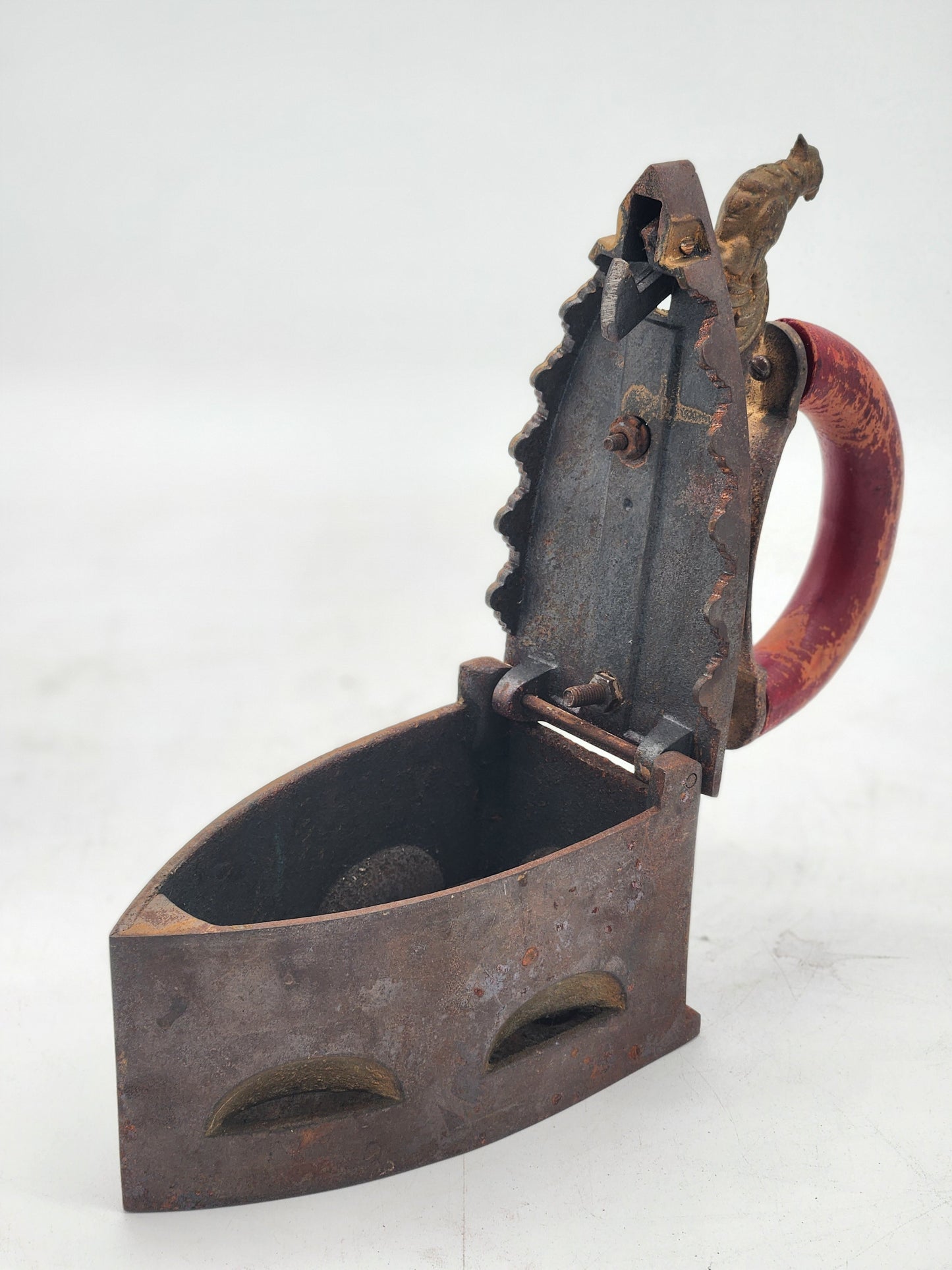 Antique Cast Iron Charcoal Box Sad Iron Rooster Latch Red Wood Handle Heat Shield