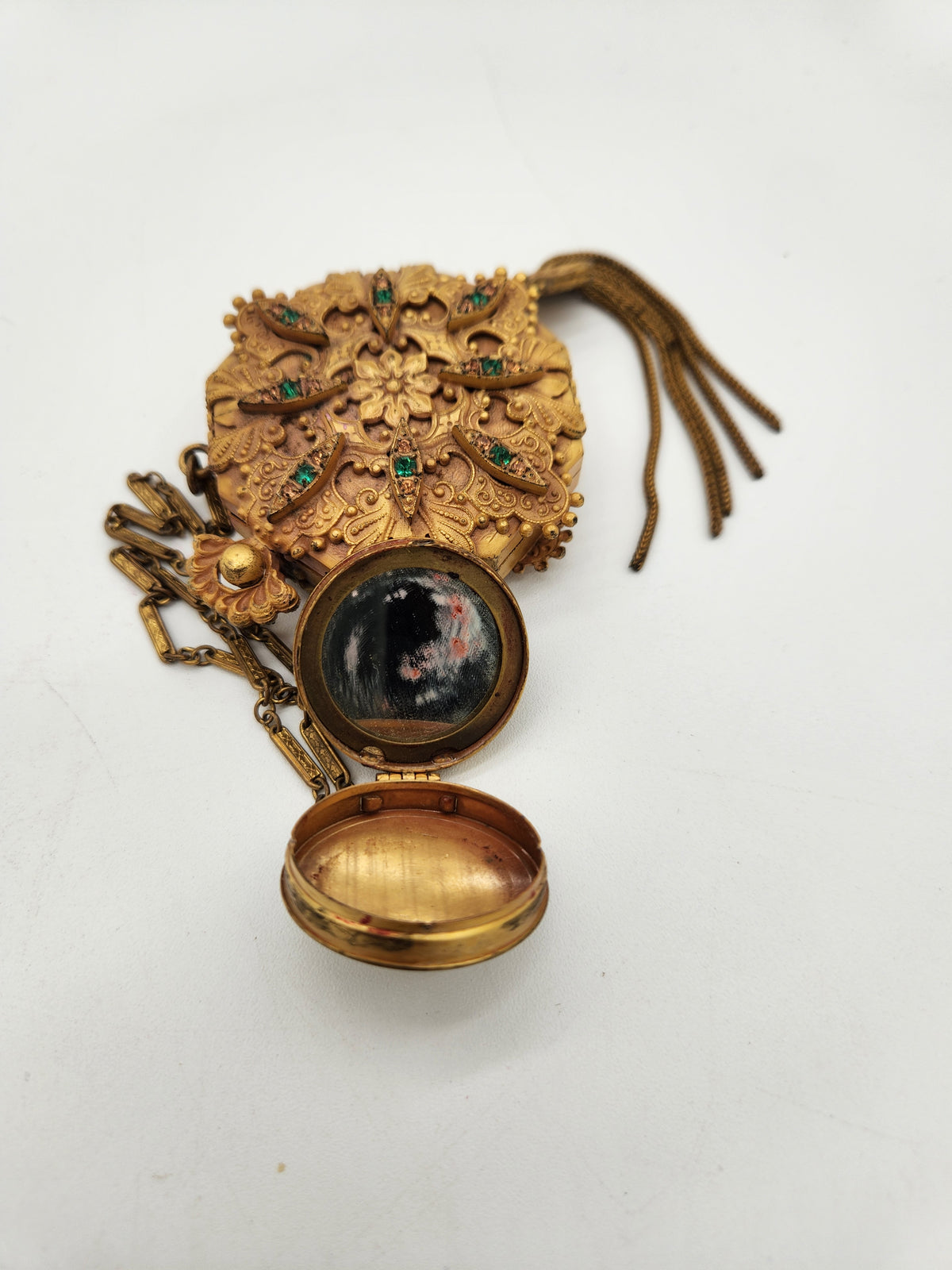 Antique 1920s Art Deco Dance Compact Wristlet Tassel Jeweled Peacock Locket Rouge