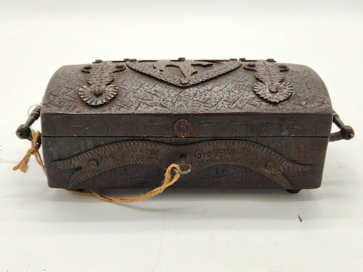 WWII German Trench Art Iron Box 1942 Heidelberg Etched Heart Sweetheart Casket 110th Inf HQ