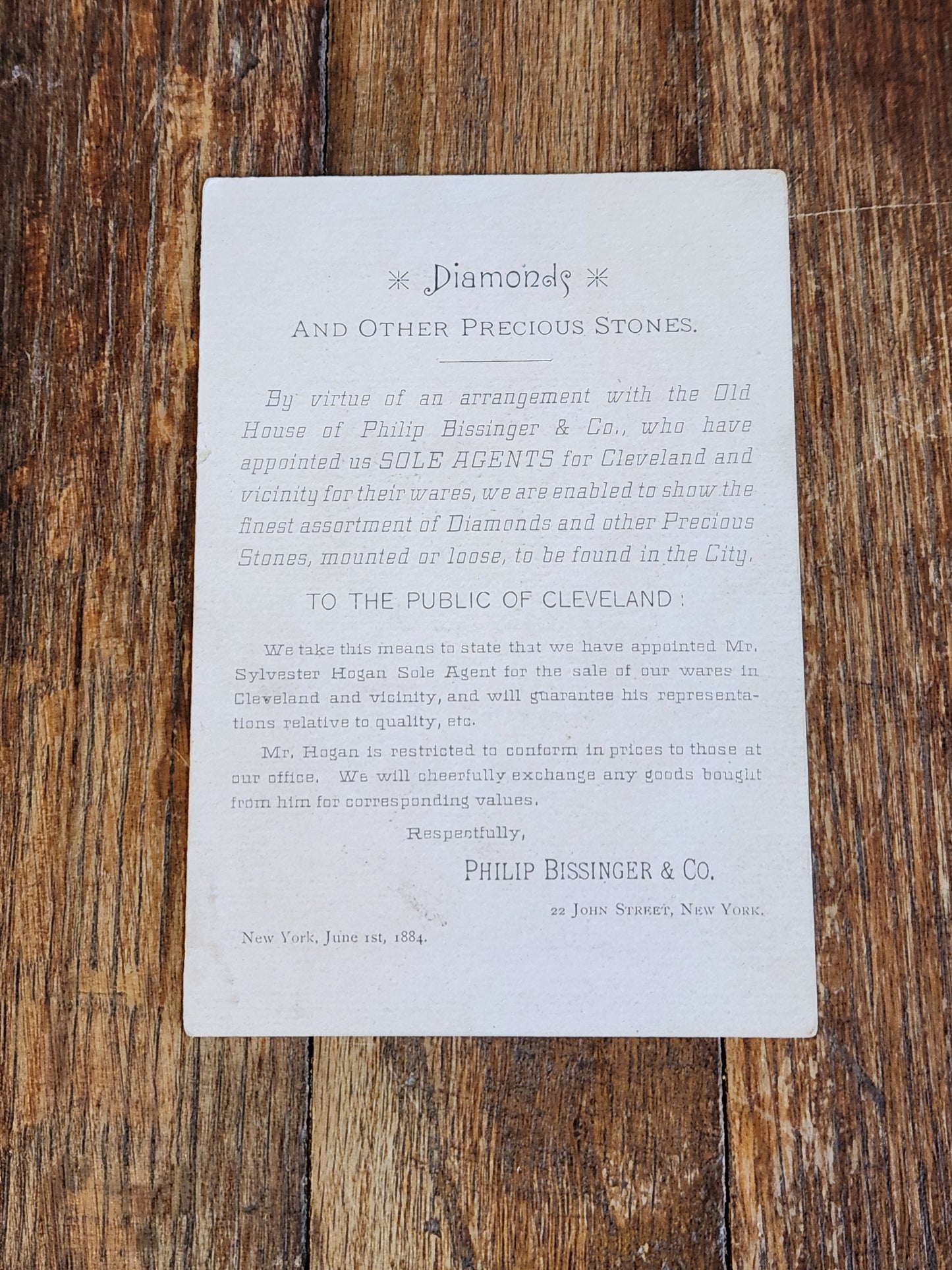 1884 Diamond Jeweler Trade Circular – Philip Bissinger & Co. – Cleveland Agent