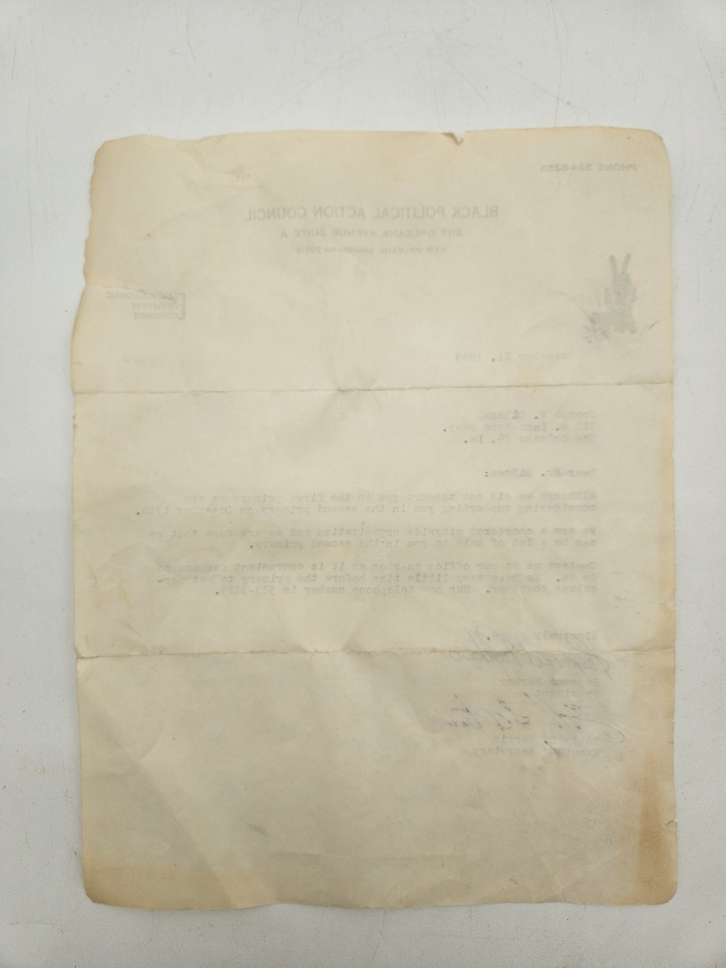 1969 Black Political Action Council Letter to Joseph DiRosa New Orleans Civil Rights