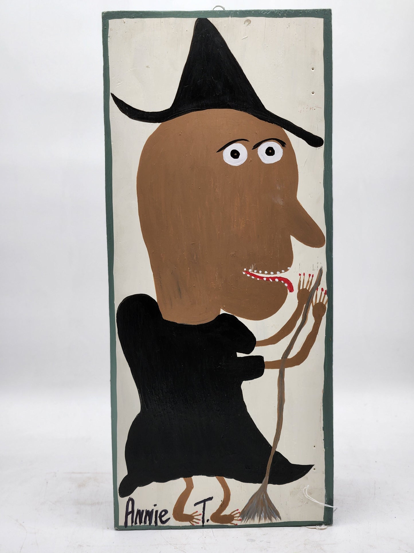 Annie Tolliver "Witch Riding Broom" — Outsider Folk Art Painting on Wood, 2006