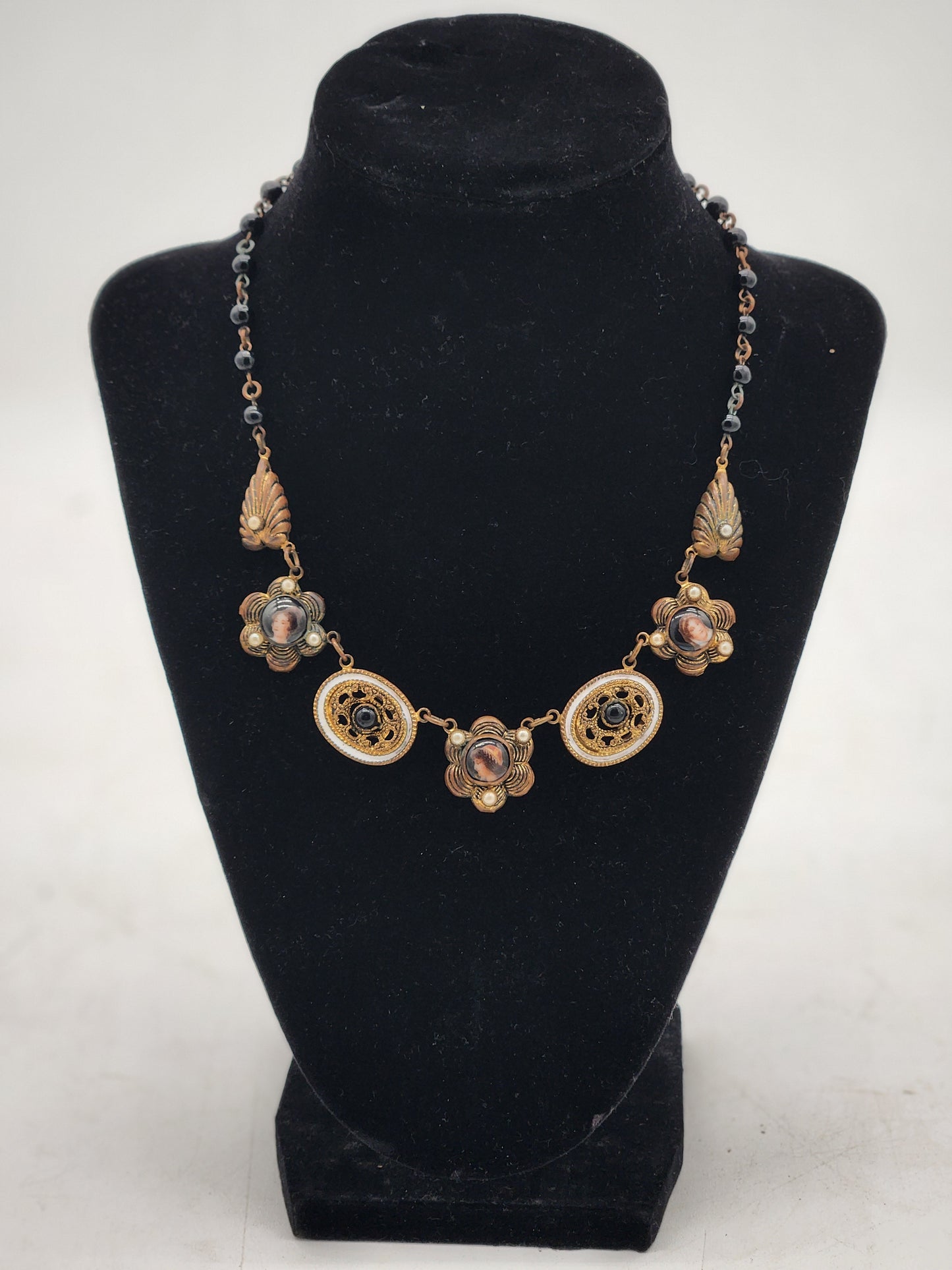 Antique Victorian Necklace W/ Portrait Cabochons & Enamel Detailing