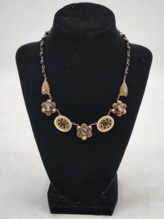 Antique Victorian Necklace W/ Portrait Cabochons & Enamel Detailing