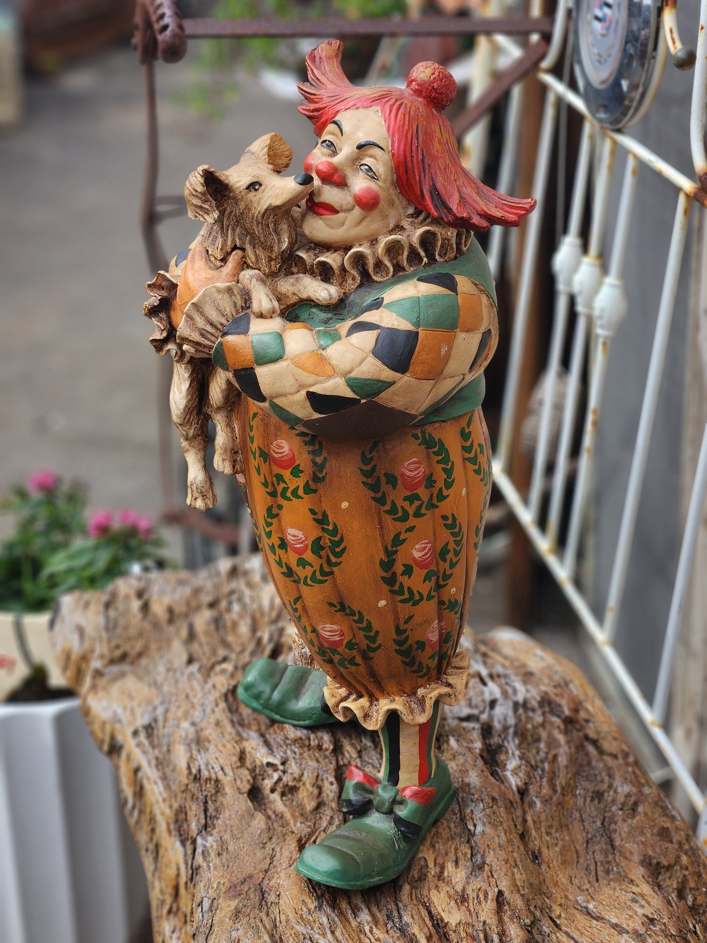 Hand Painted 1995 Jun Asilo Large Clown with Dog Sculpture