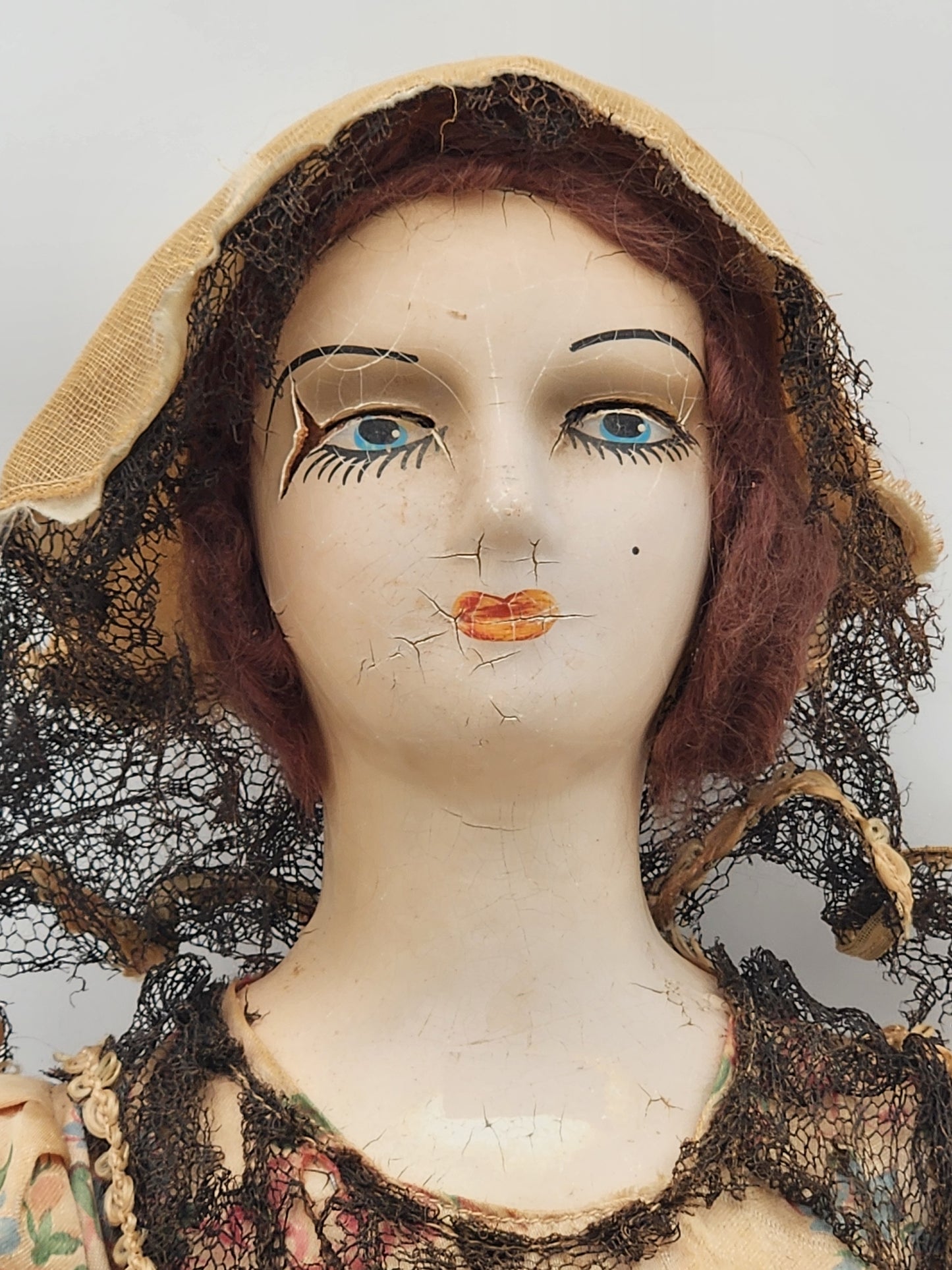 Antique 1920s Composition Boudoir Bed Doll French Style Flapper Floral Dress Bonnet
