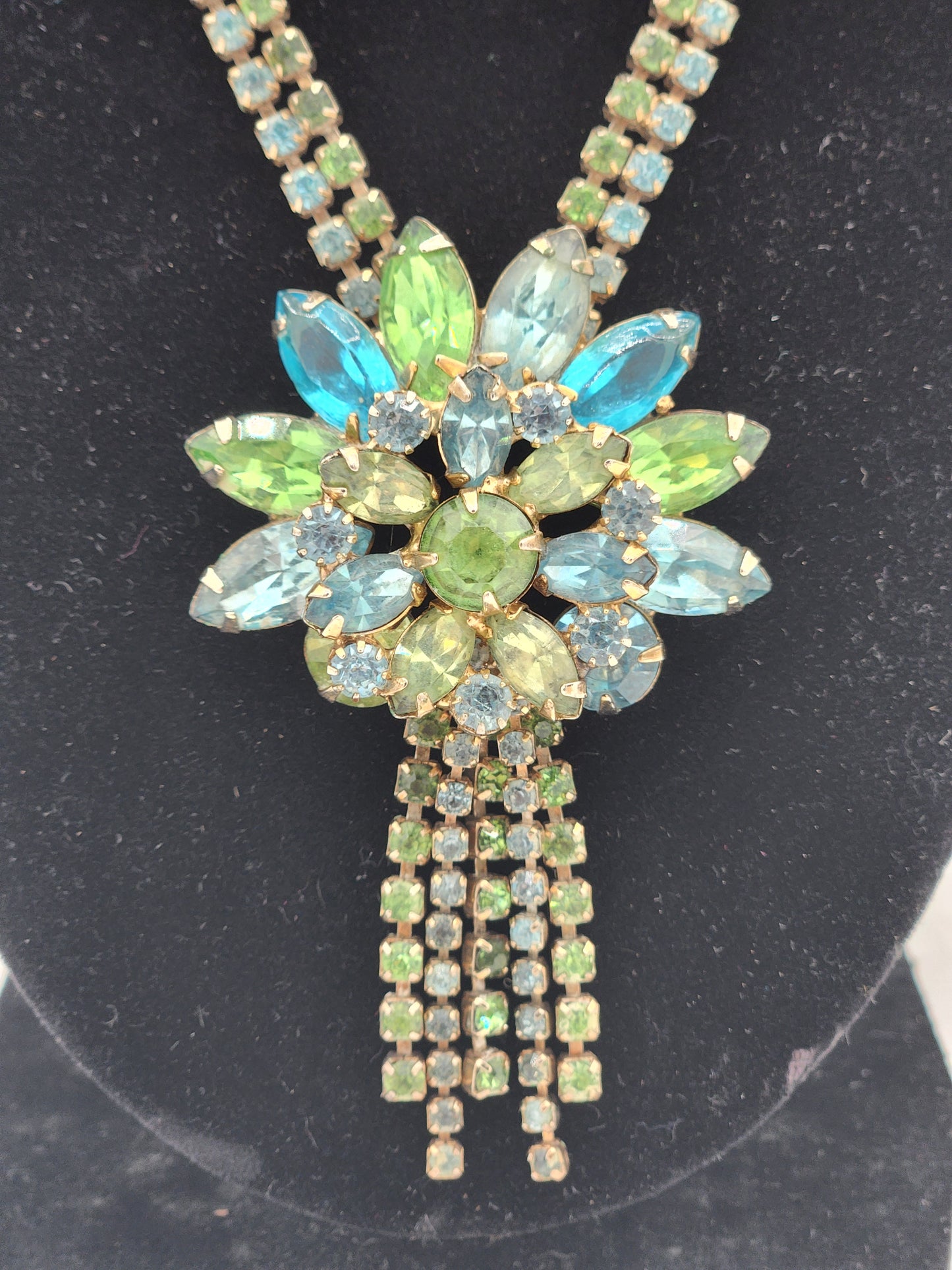 Vintage Hattie Carnegie Uranium Glass Rhinestone Flower Pendant Necklace