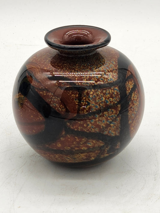 Ioan Nemtoi Signed Studio Art Glass Vase 5" Amber Black Swirl Romanian