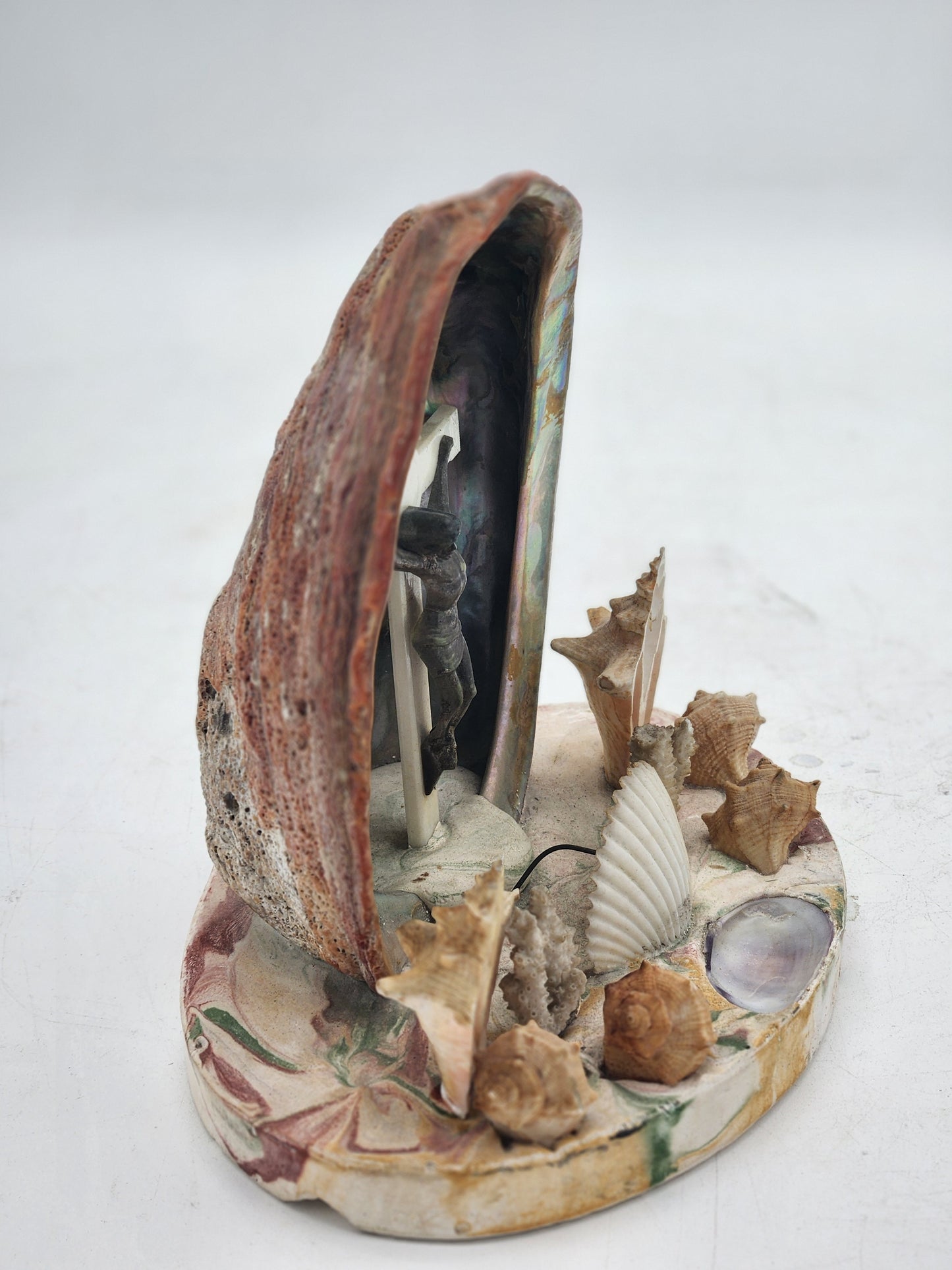 Vintage Seashell Abalone Shell Crucifix Shrine Grotto Jesus Folk Art Marbleized