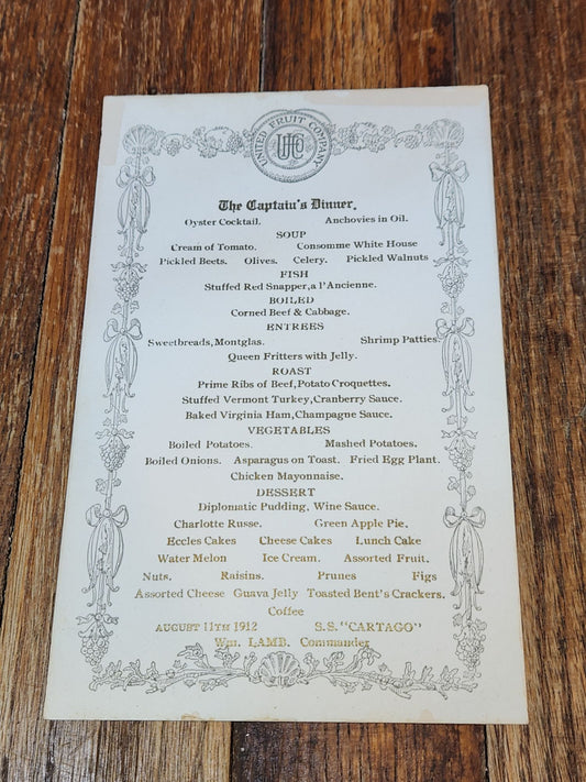 Aug. 11th 1912 United Fruit Company, The Captain's Dinner Menu